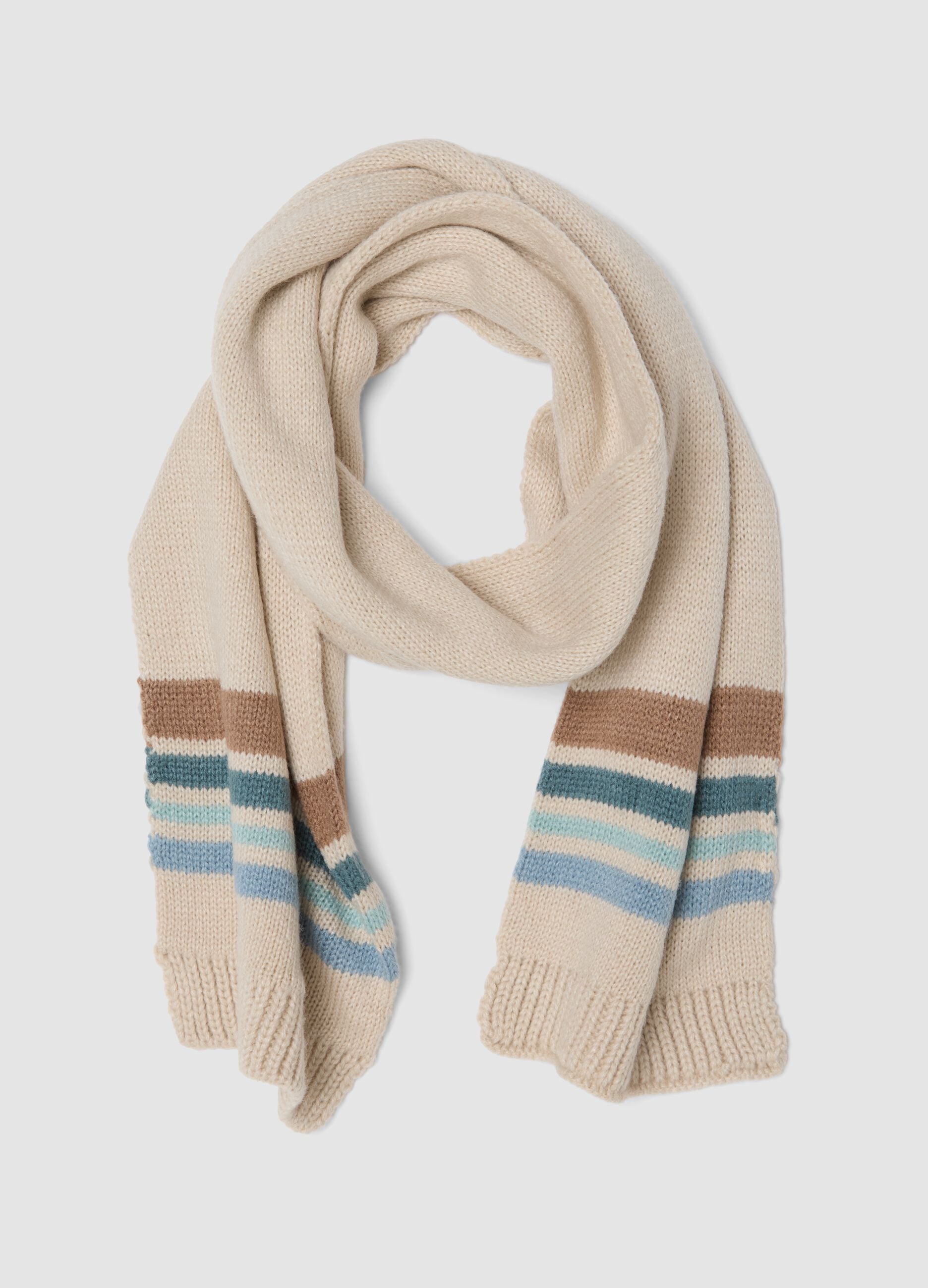 Sciarpa beige in maglia con righe a contrasto