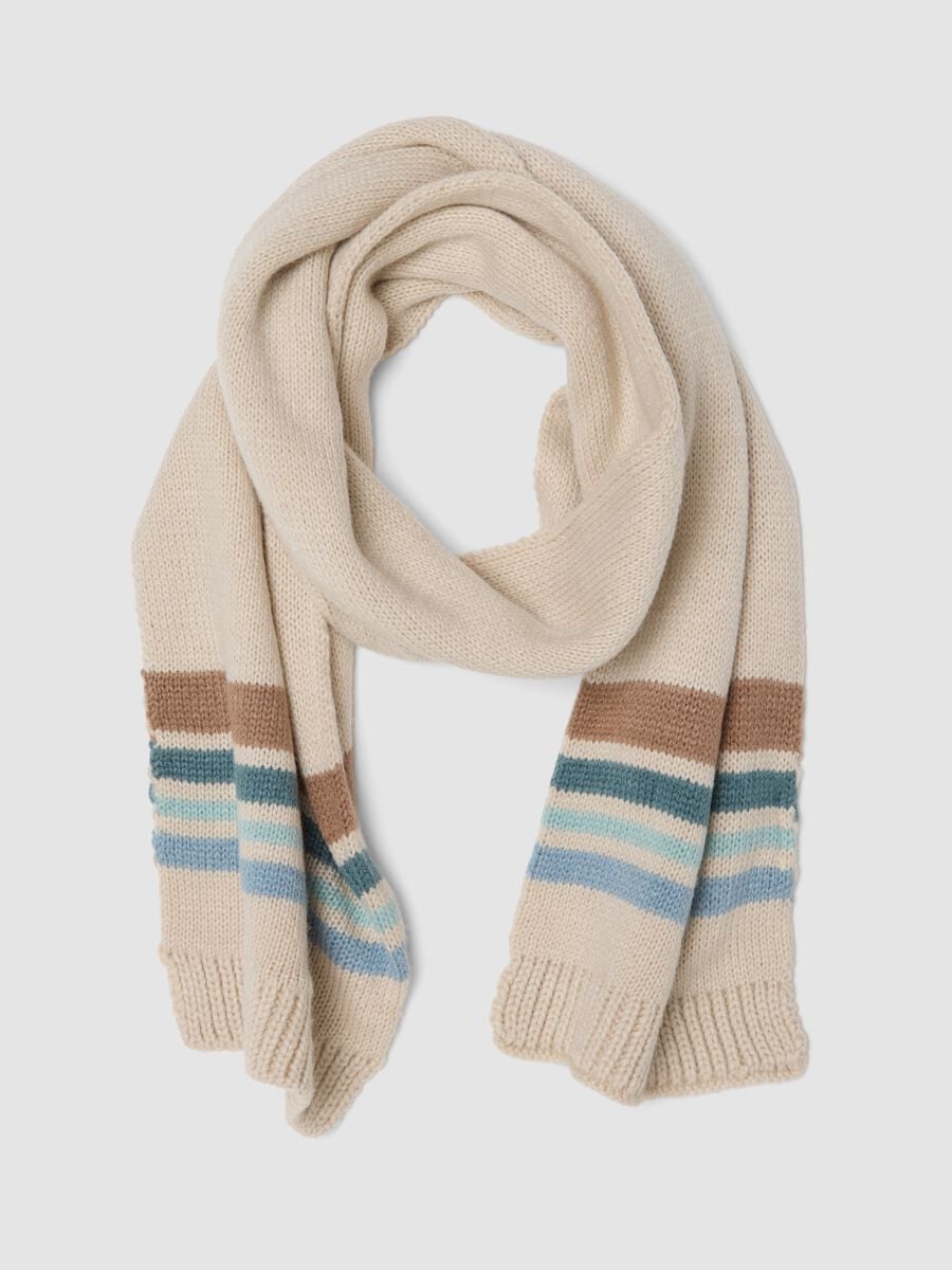 Sciarpa beige in maglia con righe a contrasto_0