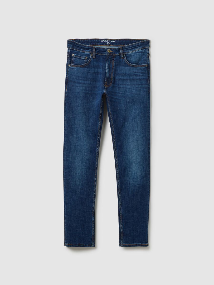 Slim fit stretch cotton blue denim jeans_0