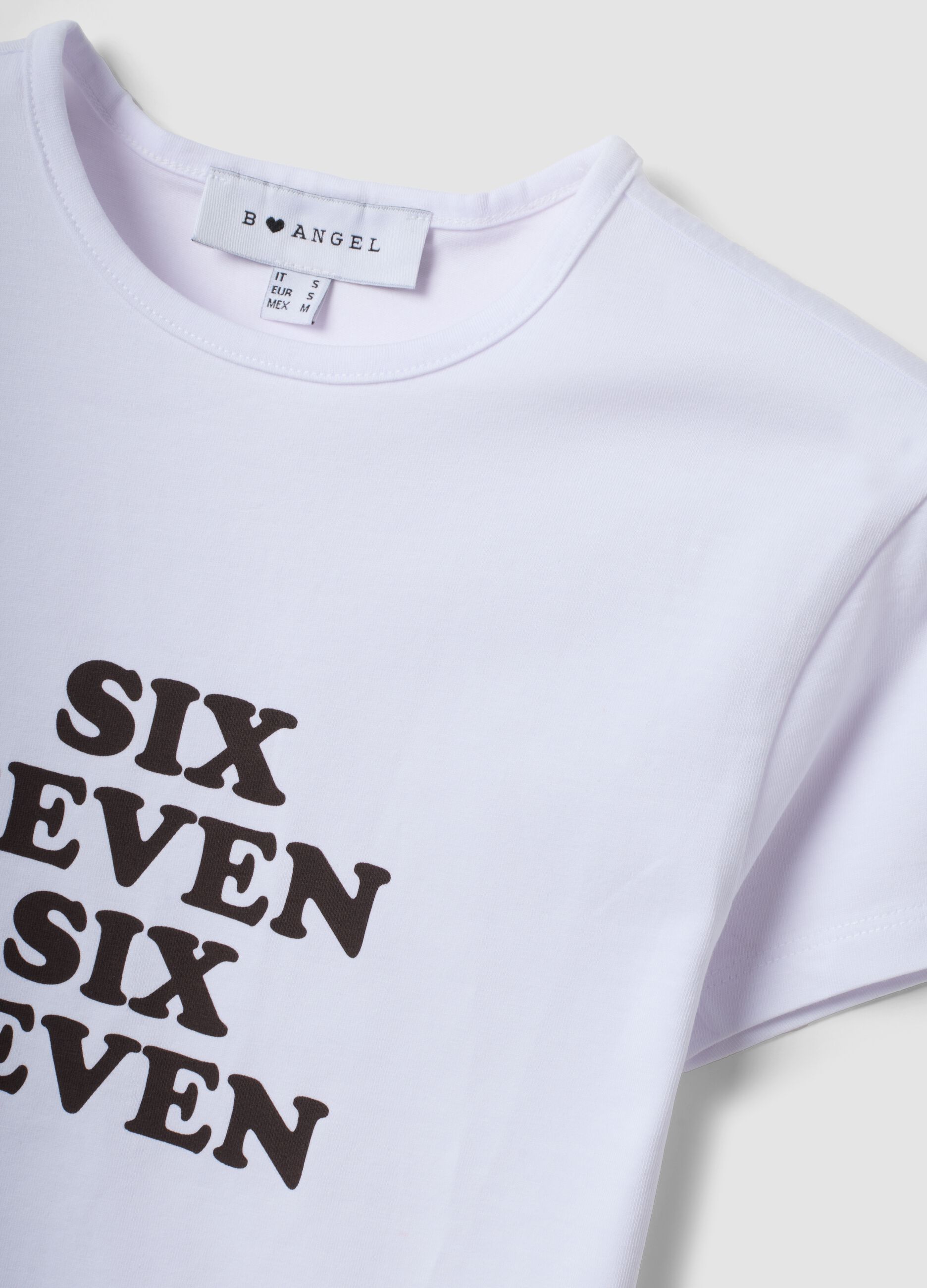 White fitted pure cotton T-shirt with Six Seven front print