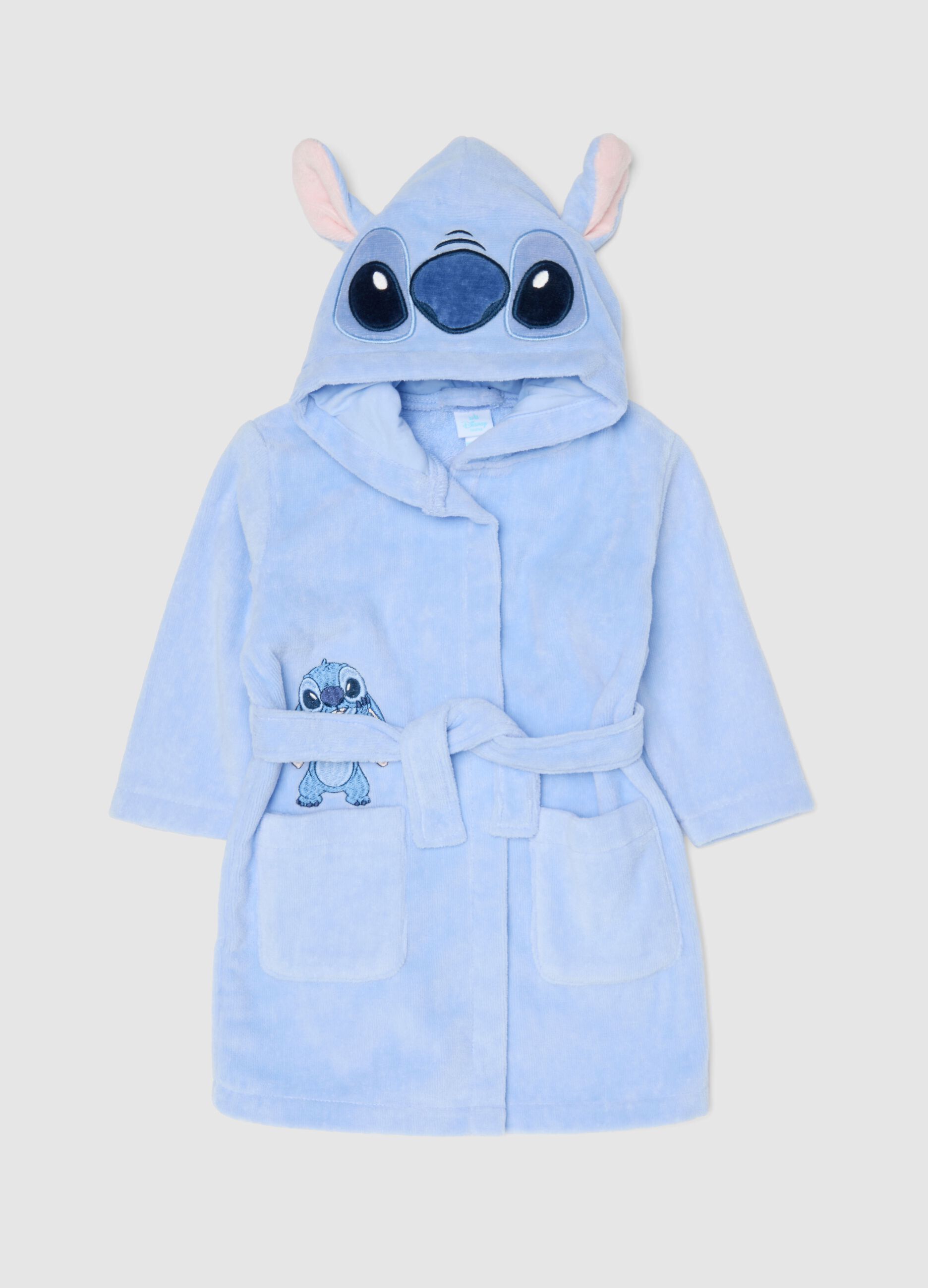 Blue pure cotton baby girl robe with Stitch design