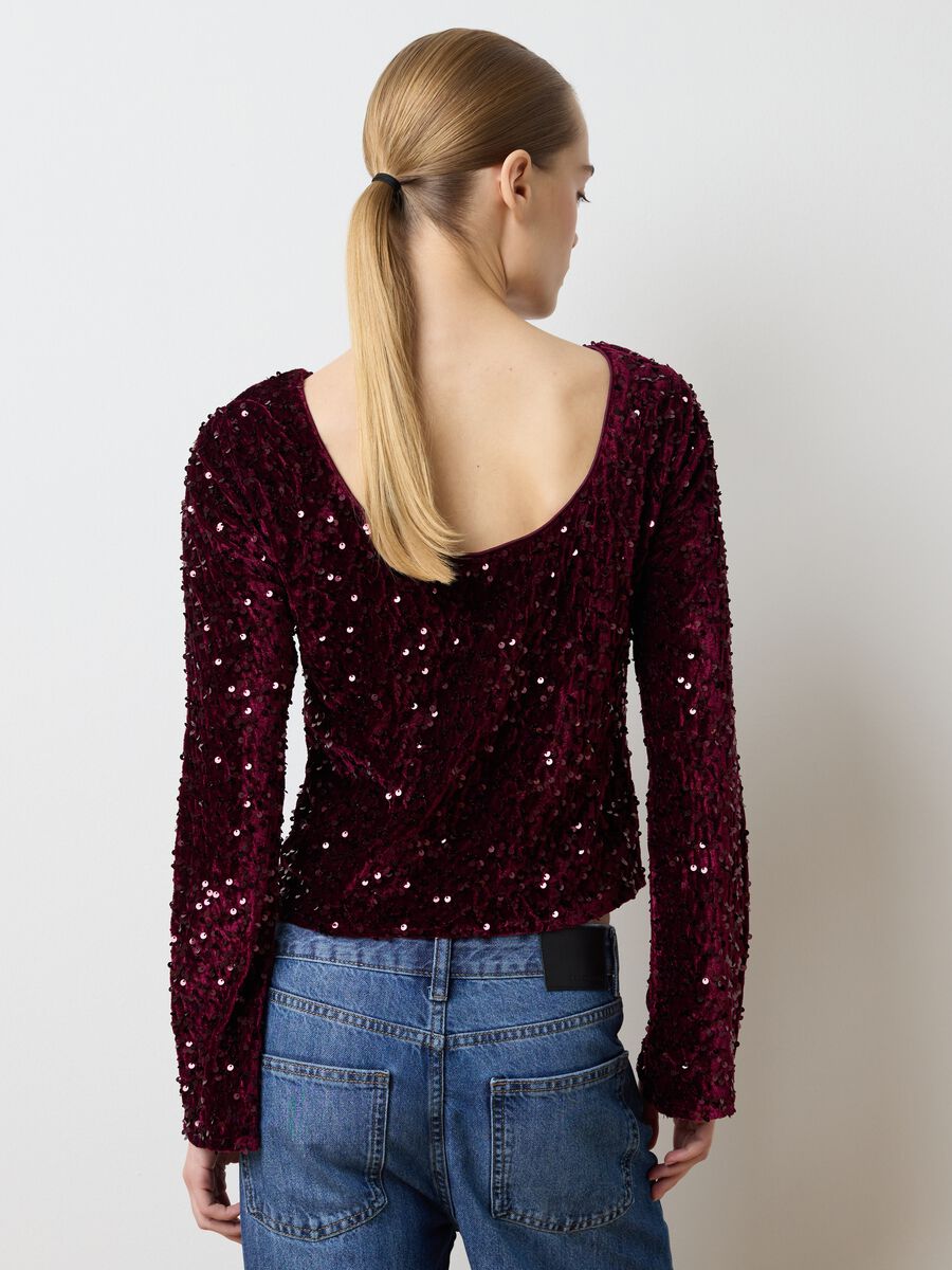 Regular fit red velour blend top with sequins_3