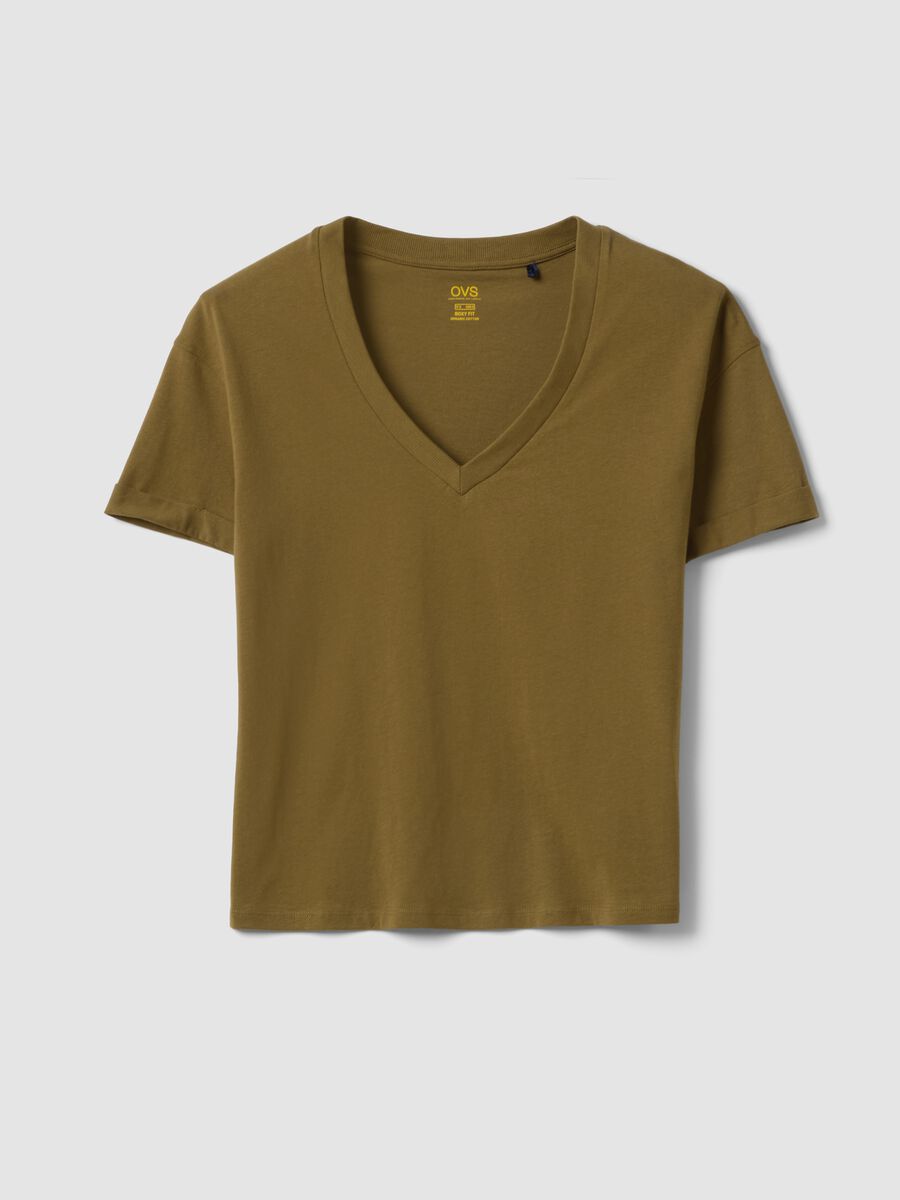 Green pure cotton V-neck relaxed fit T-shirt_4