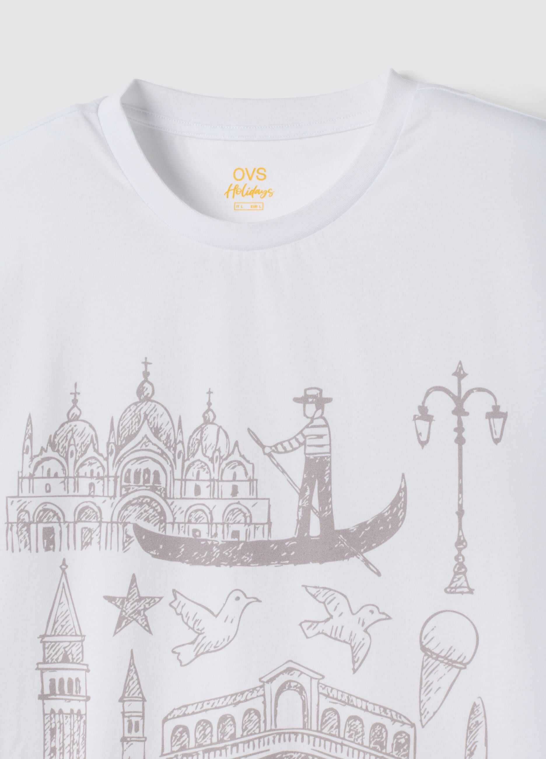 White pure cotton T-shirt with print, regular fit