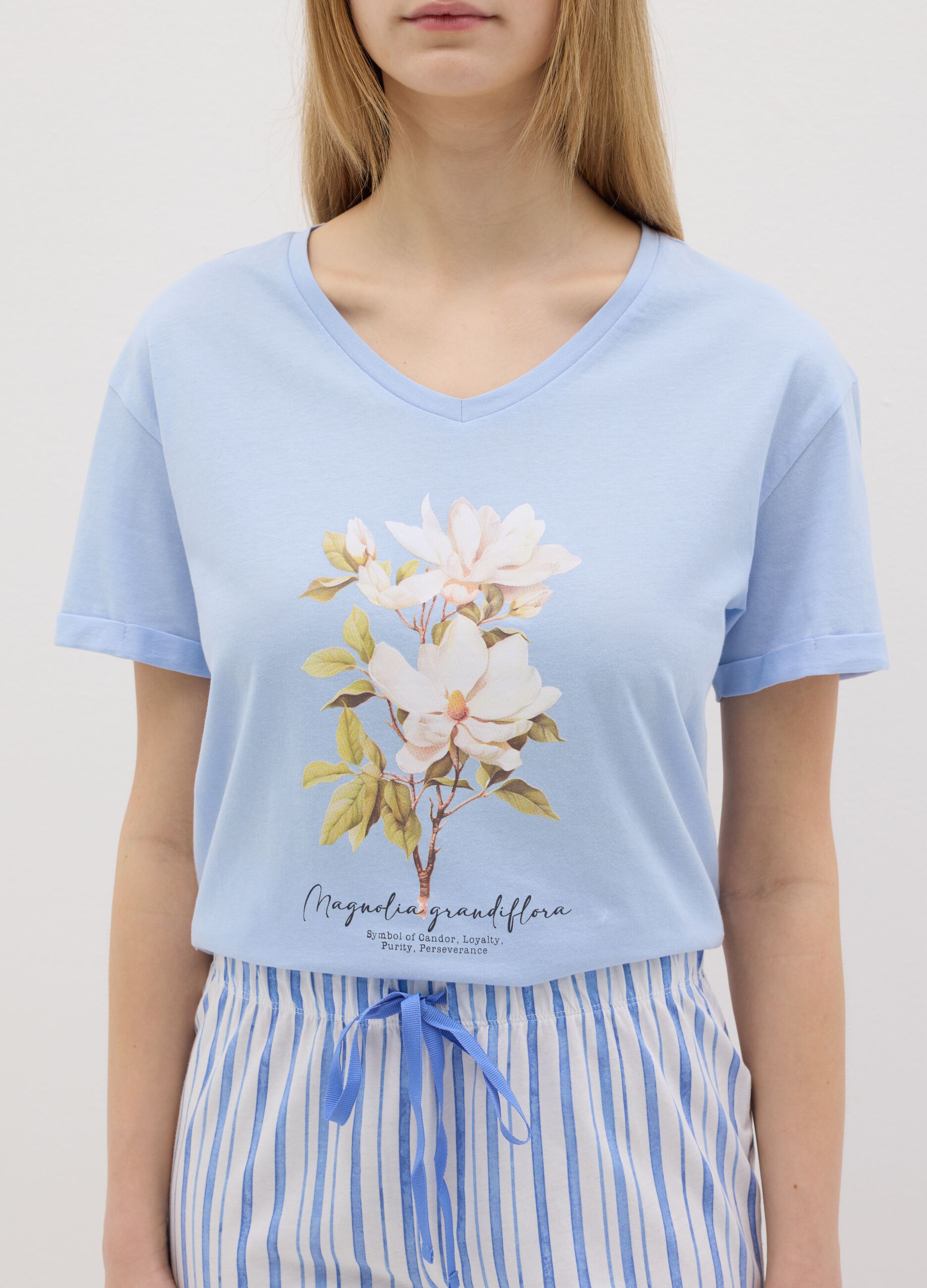 Light blue cotton pyjamas with floral print