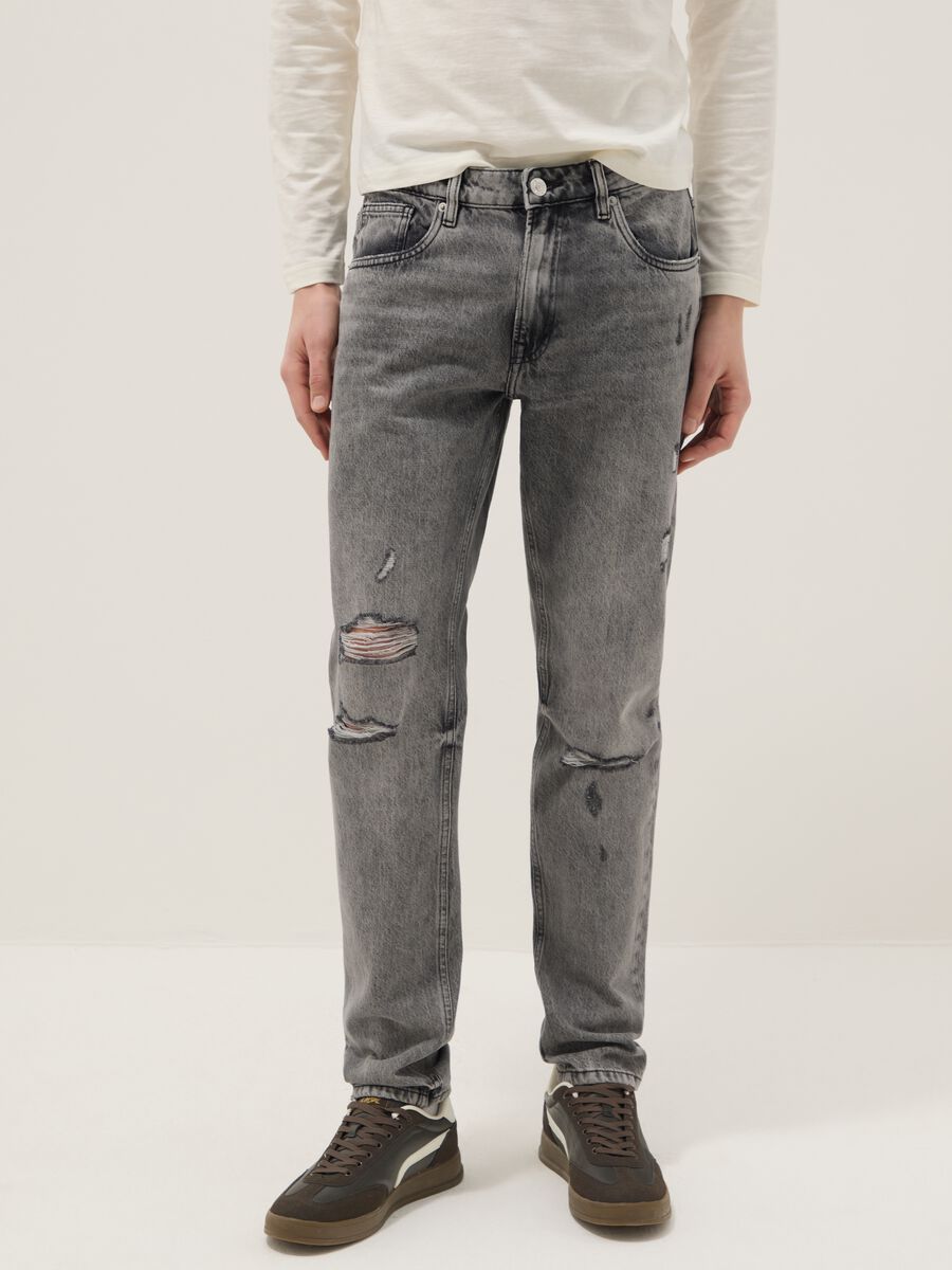 Grey Slim Fit Distressed Pure Cotton Jeans_1