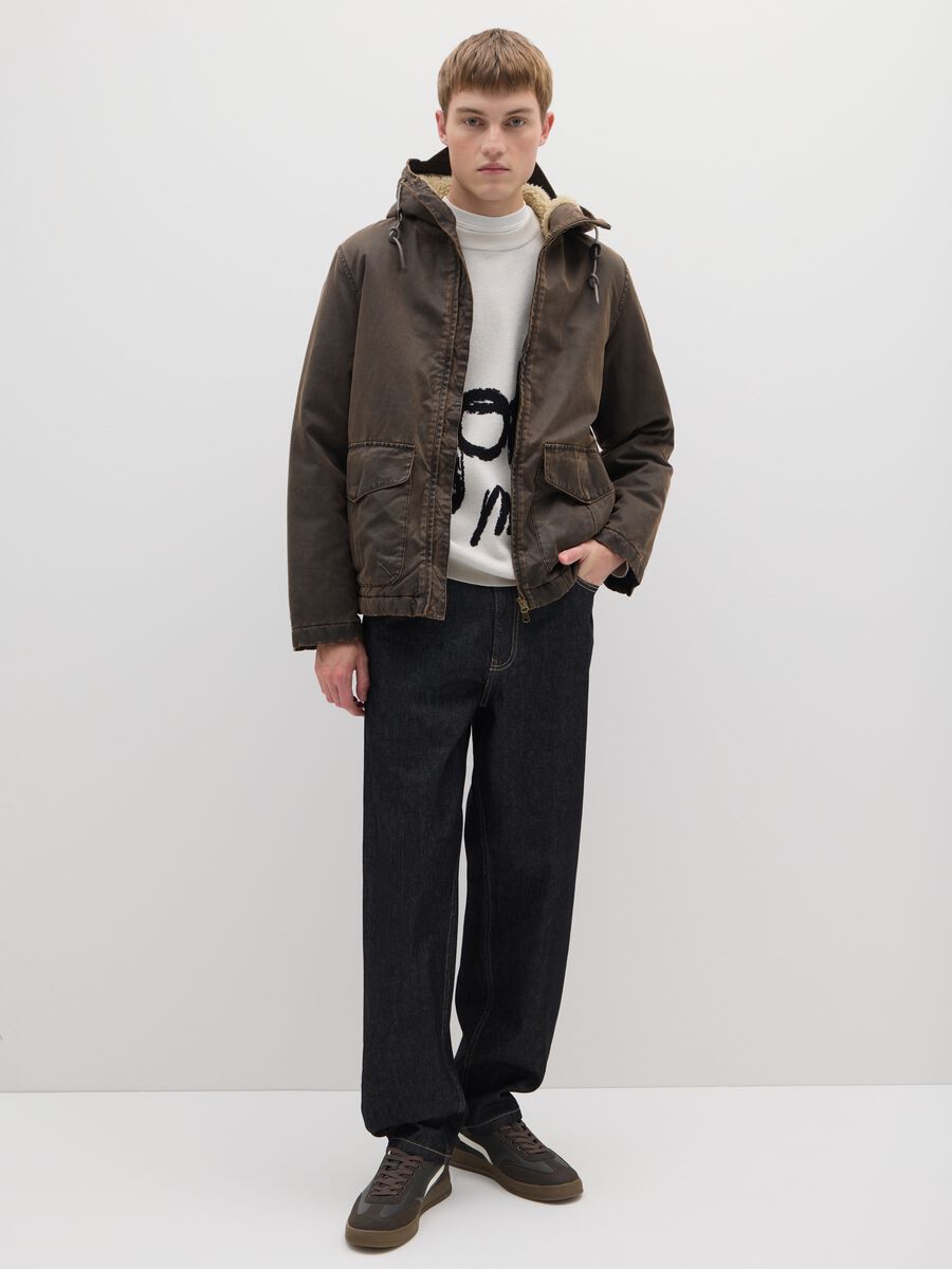 Giacca pesante parka marrone in misto cotone regular fit con zip_2