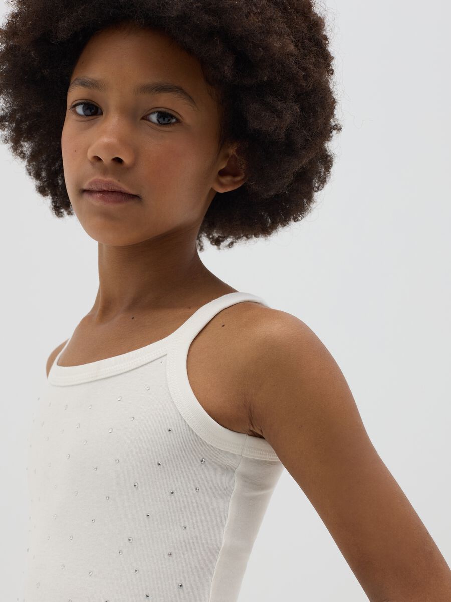 White tank top in stretch cotton with diamantés_1