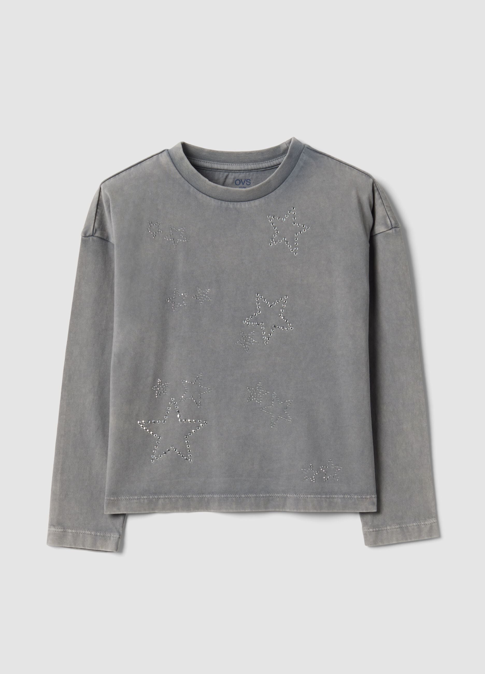 Grey pure cotton crew-neck T-shirt with rhinestone stars for girls