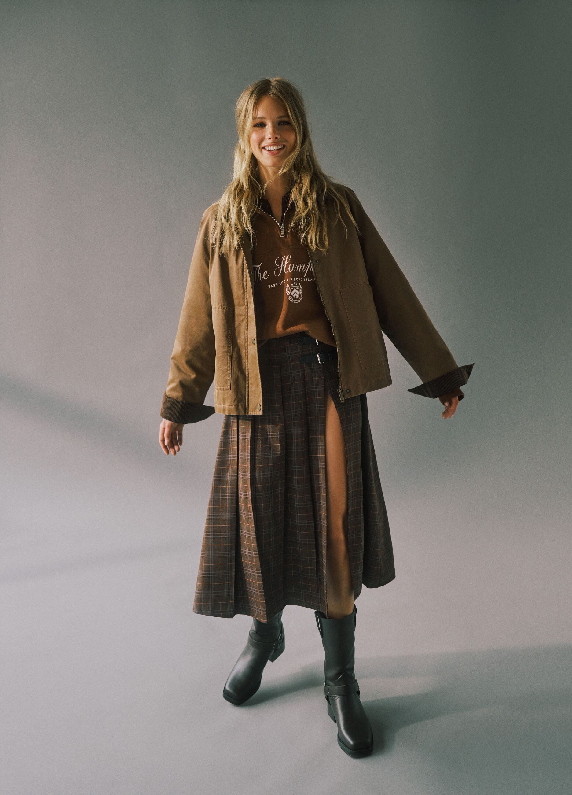 Brown Checked Long Skirt with Buckles
