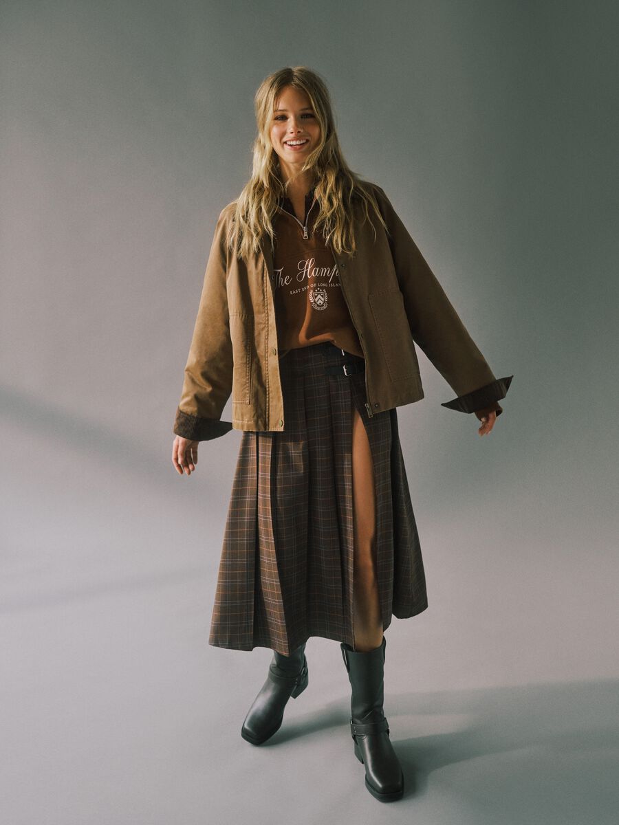 Gonna lunga a quadri marrone con fibbie_0