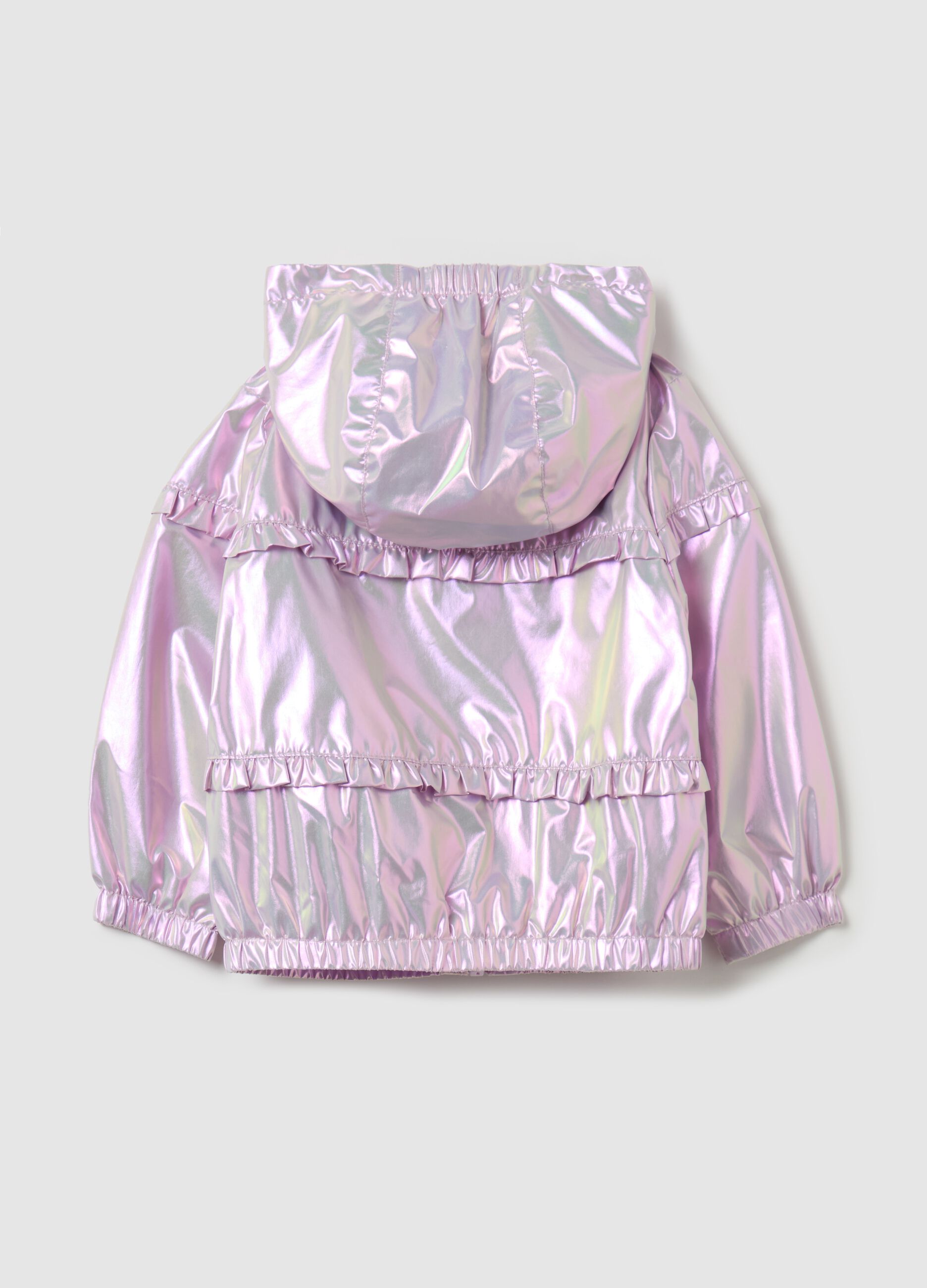 Giacca shiny con cappuccio e rouches 