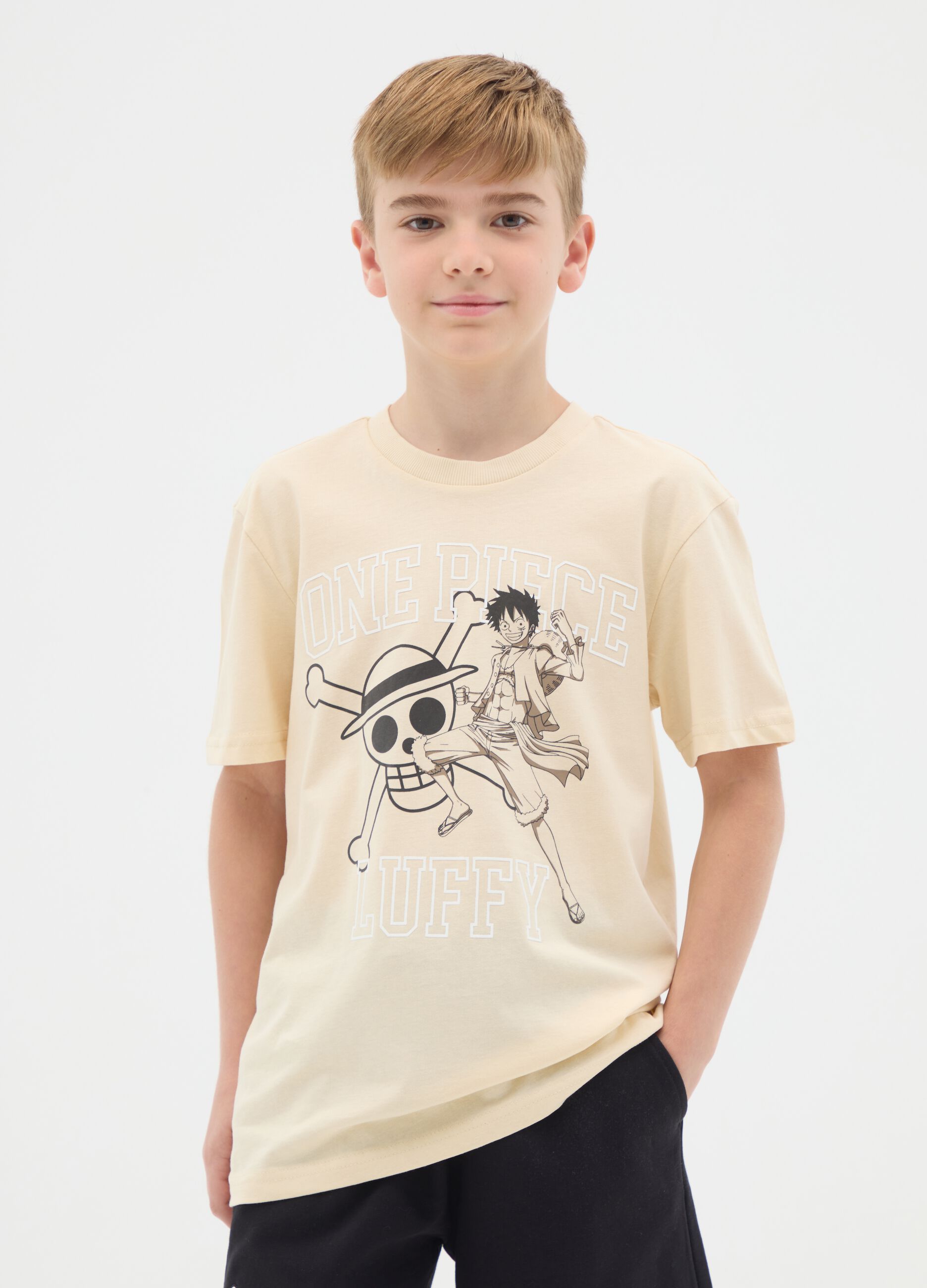 Beige pure cotton regular fit boys' T-shirt with One Piece print