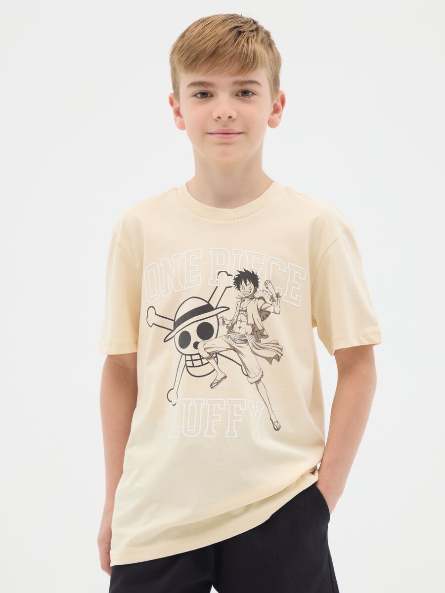 Beige pure cotton regular fit boys' T-shirt with One Piece print_0