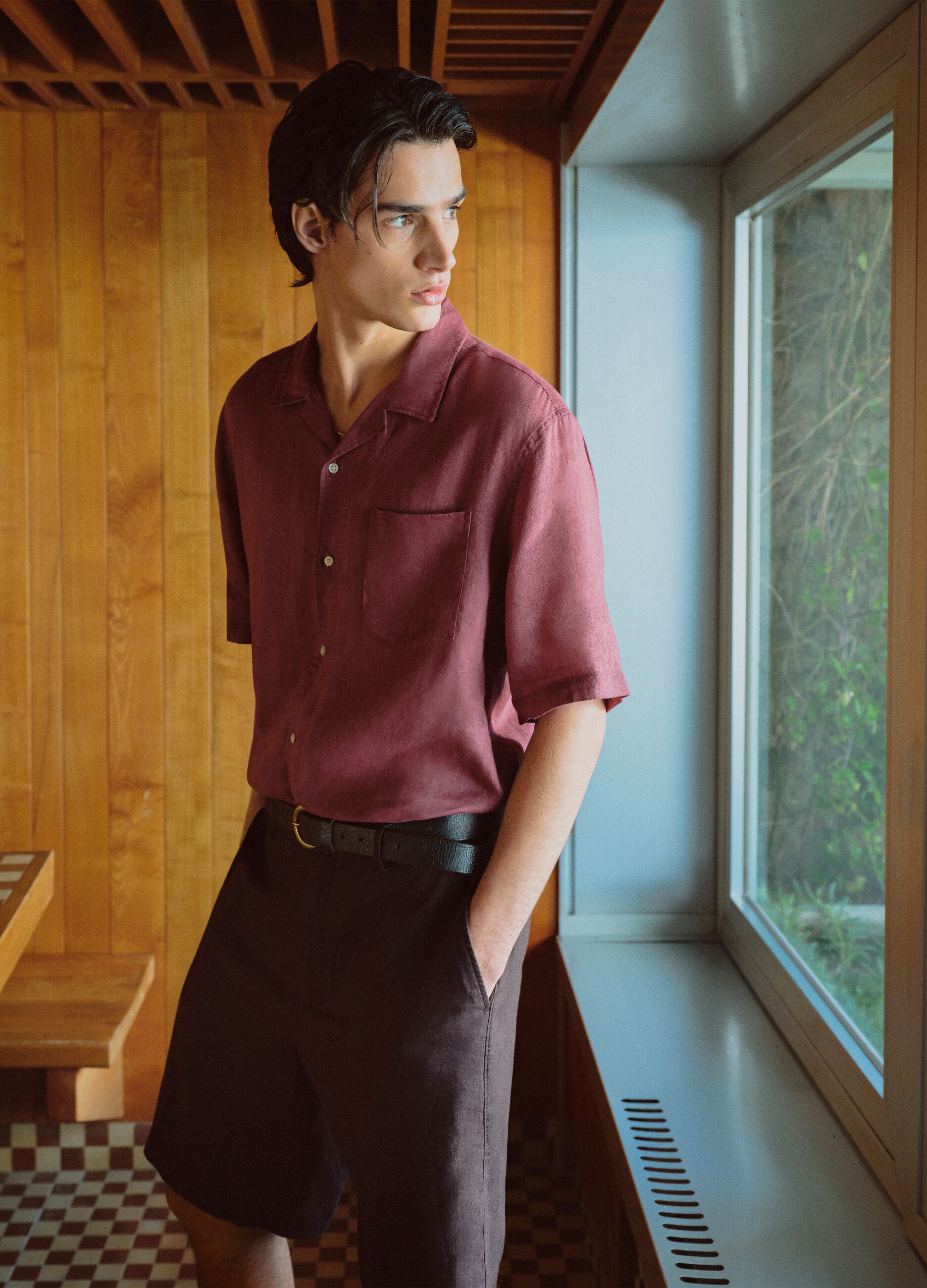 Regular fit pink short sleeve pure linen shirt with pocket