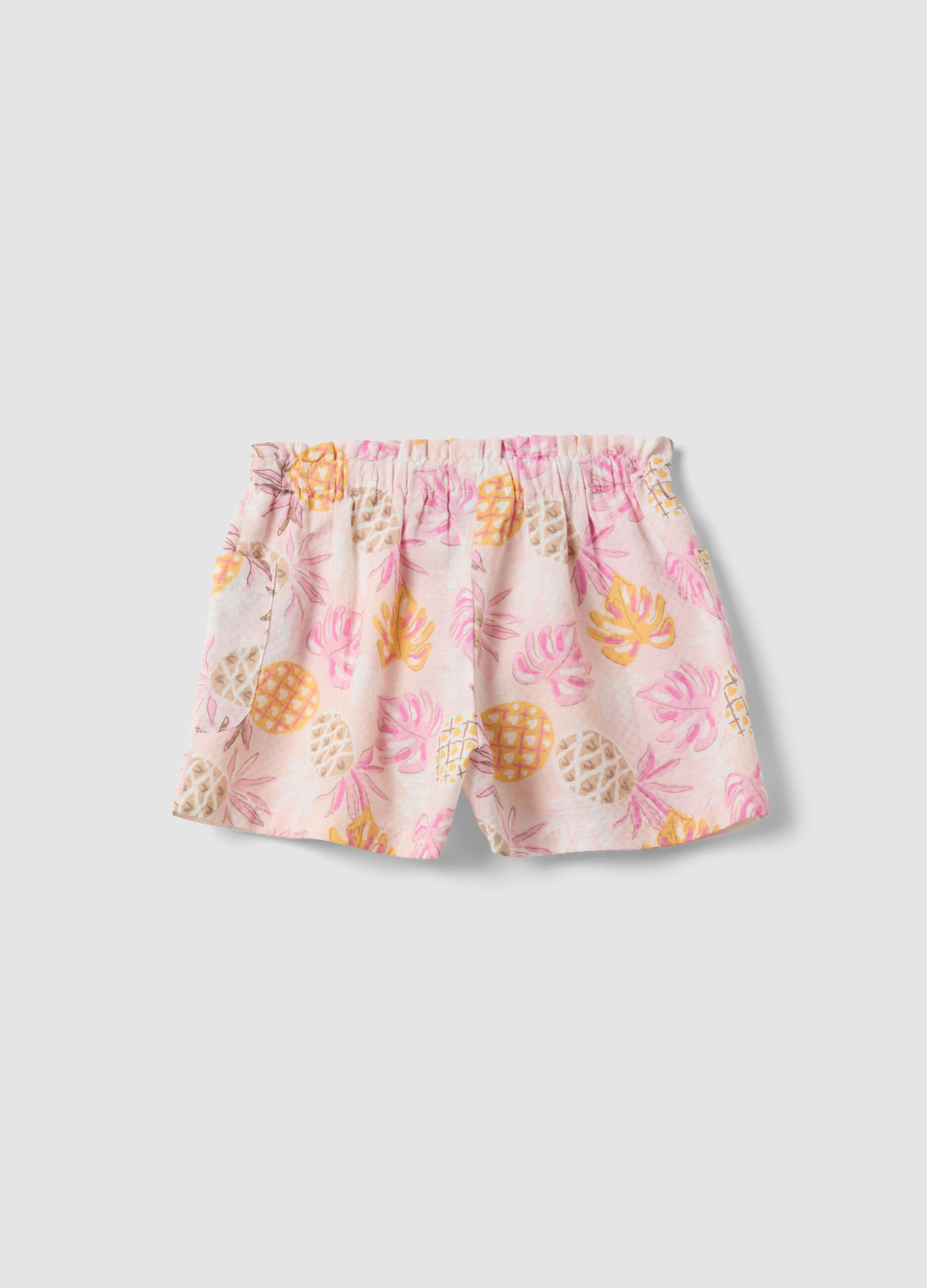 Pink pure cotton shorts with tropical print