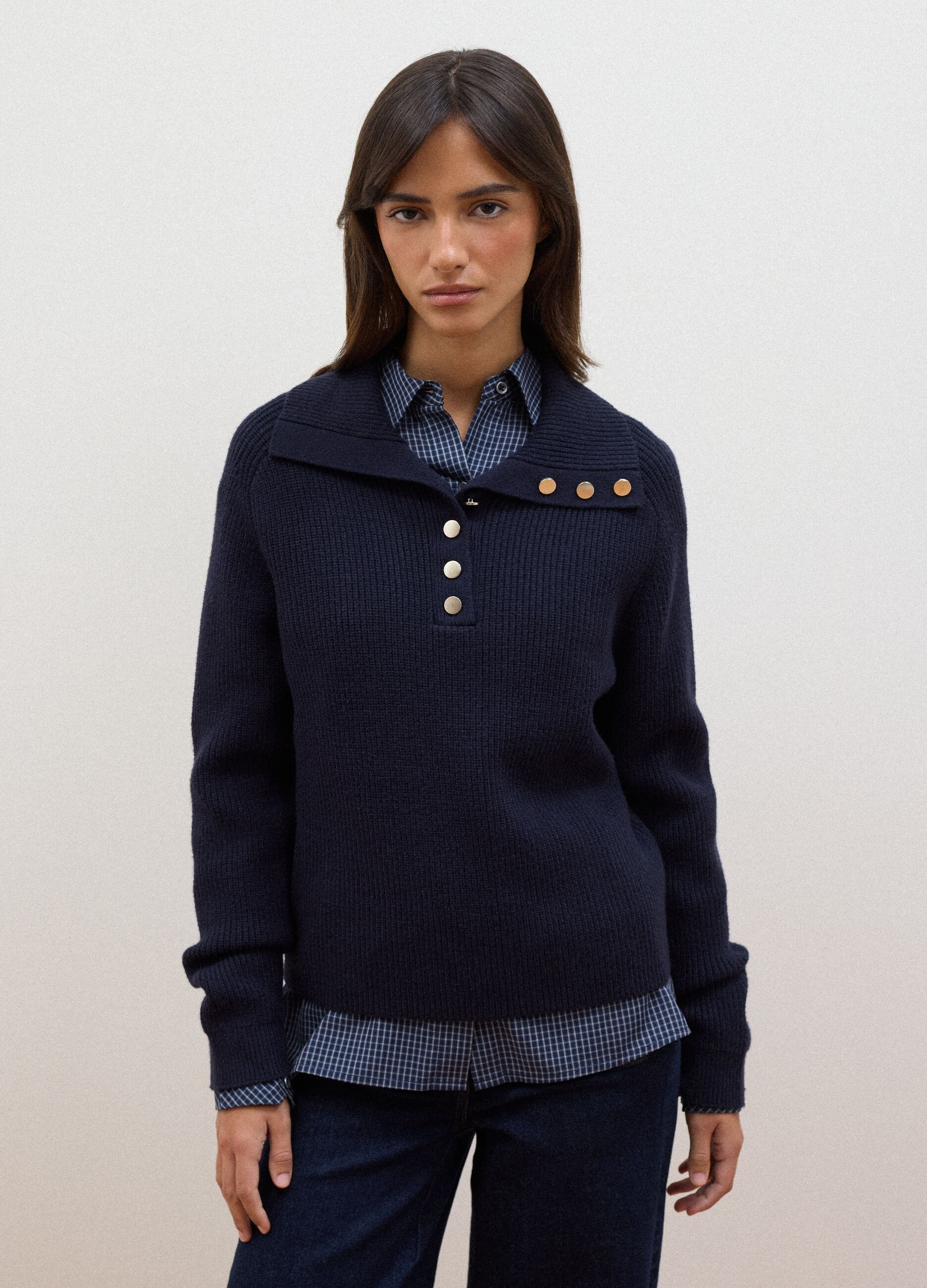 Blue ribbed viscose-blend top with collar