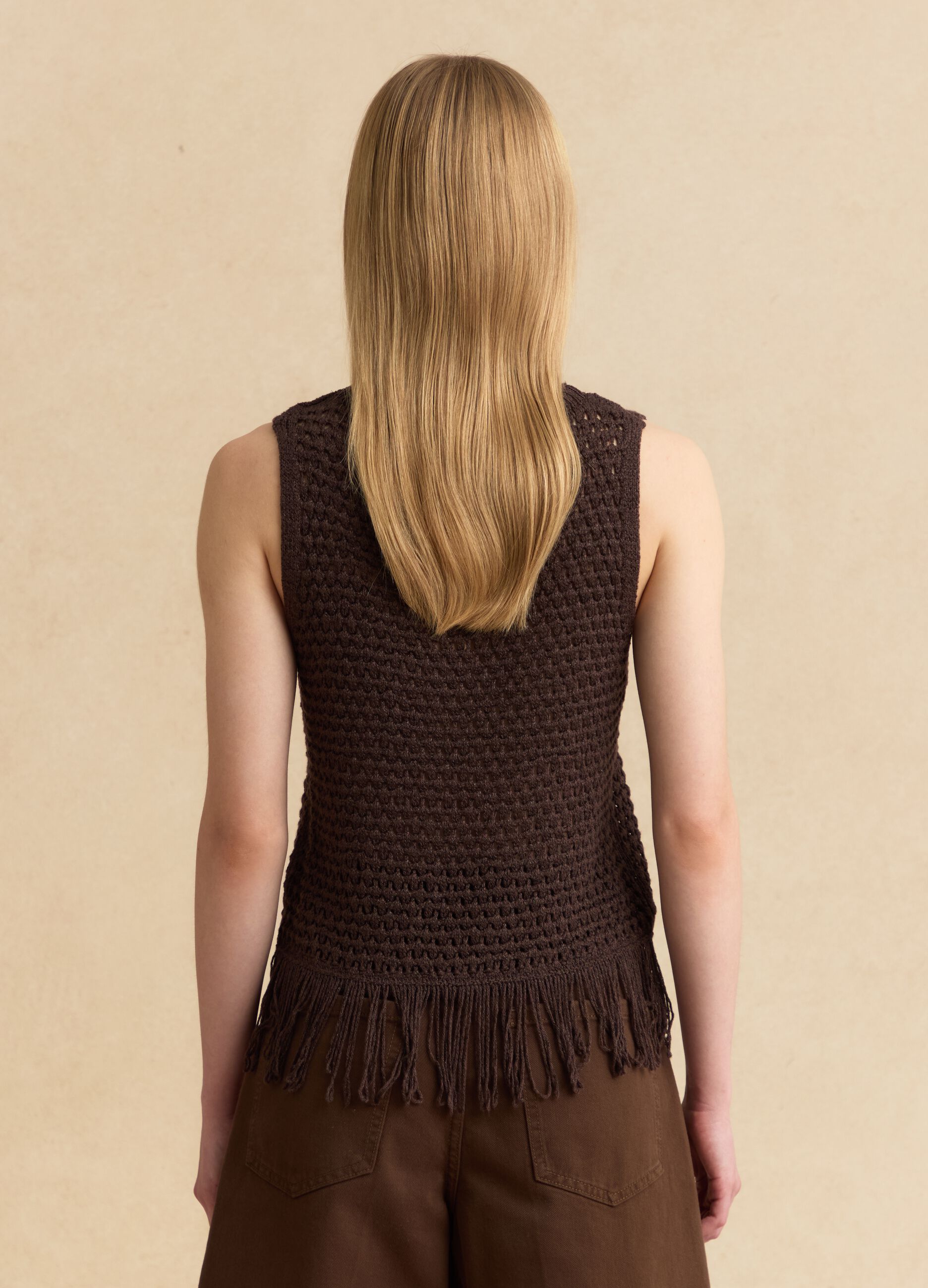 Brown open-knit viscose-blend top with fringes