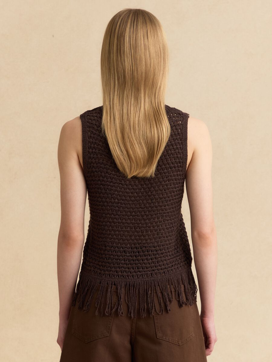 Brown open-knit viscose-blend top with fringes_3