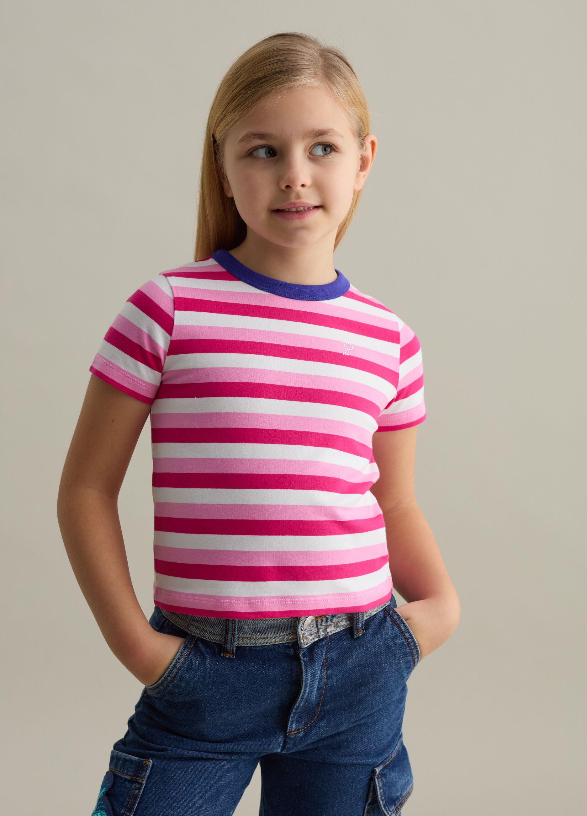 T-shirt with striped pattern and diamanté logo