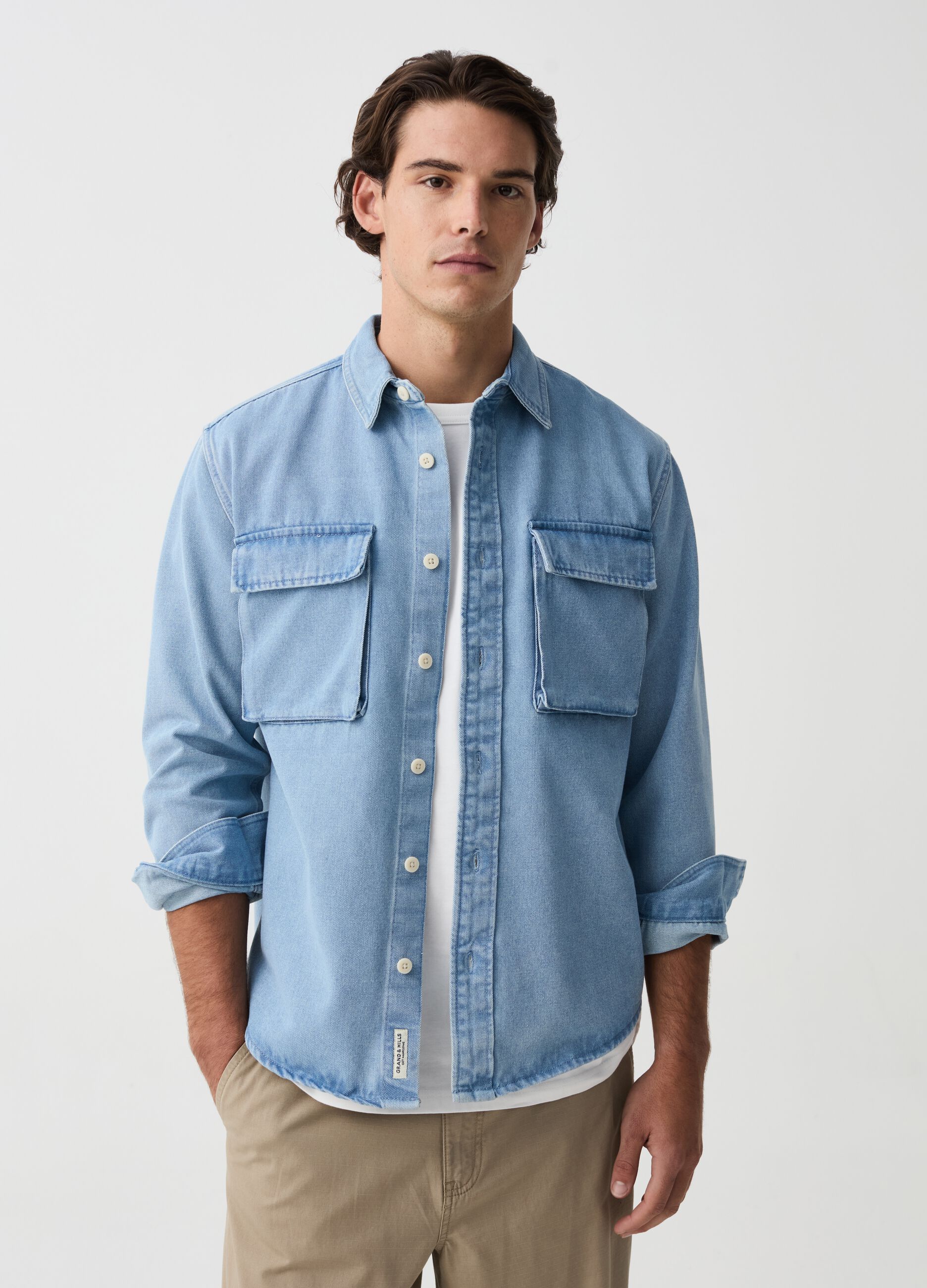 Denim shacket with pockets