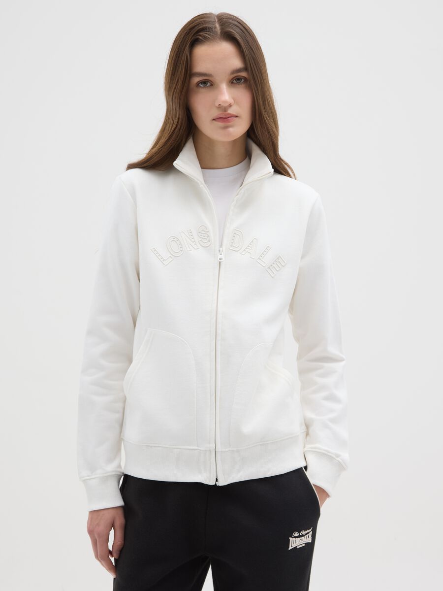 White cotton blend sweatshirt regular fit with logo and glitter_0