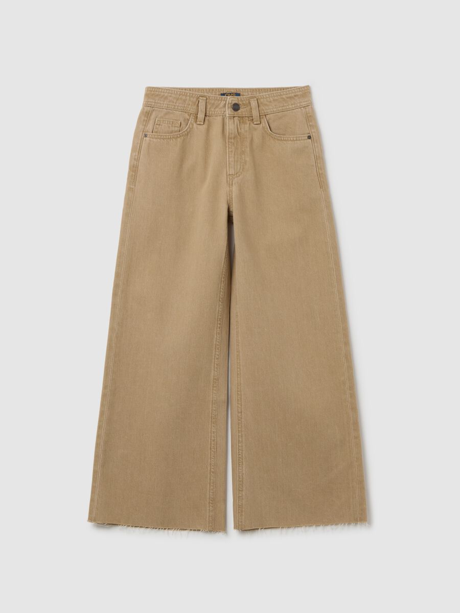 Girls' beige wide leg pure cotton trousers_0
