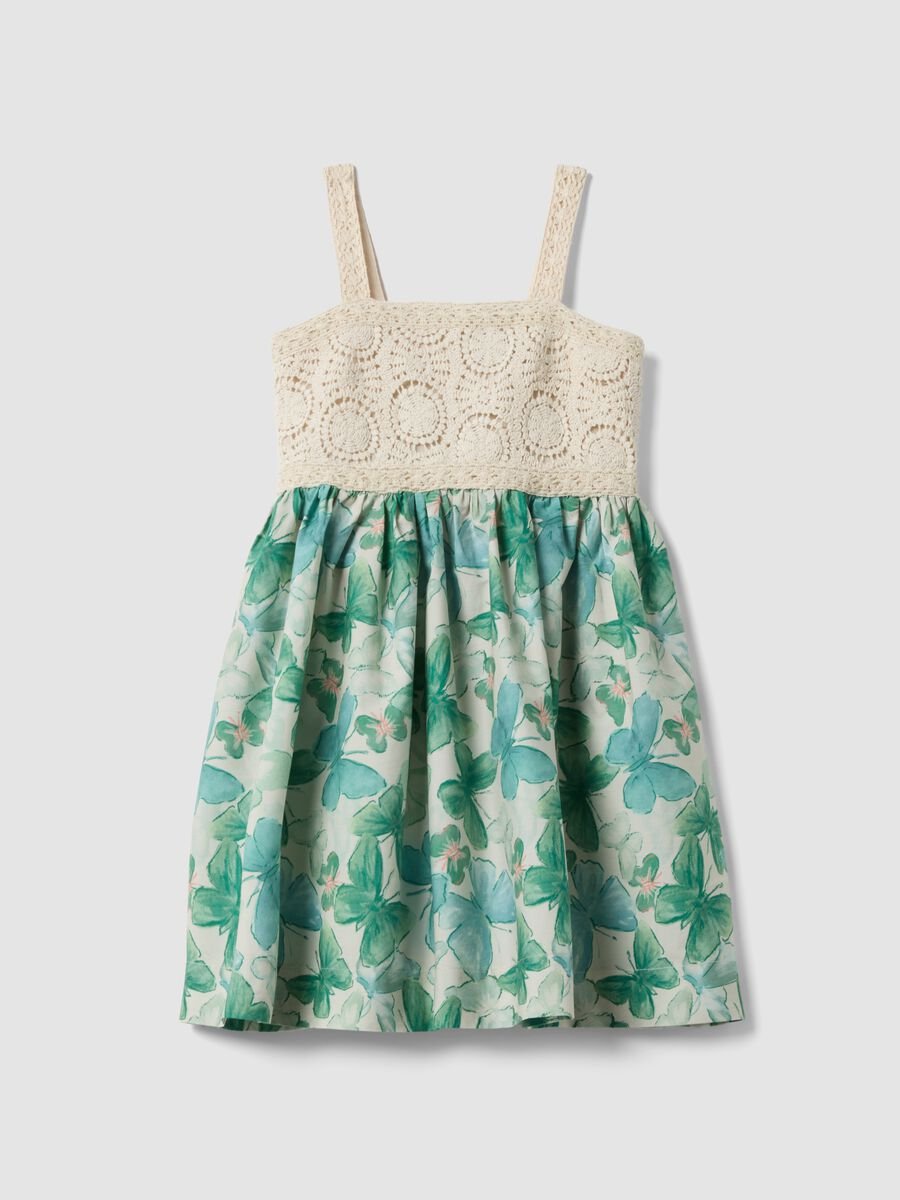 Abito con dettagli in crochet e stampa floreale in puro cotone_0