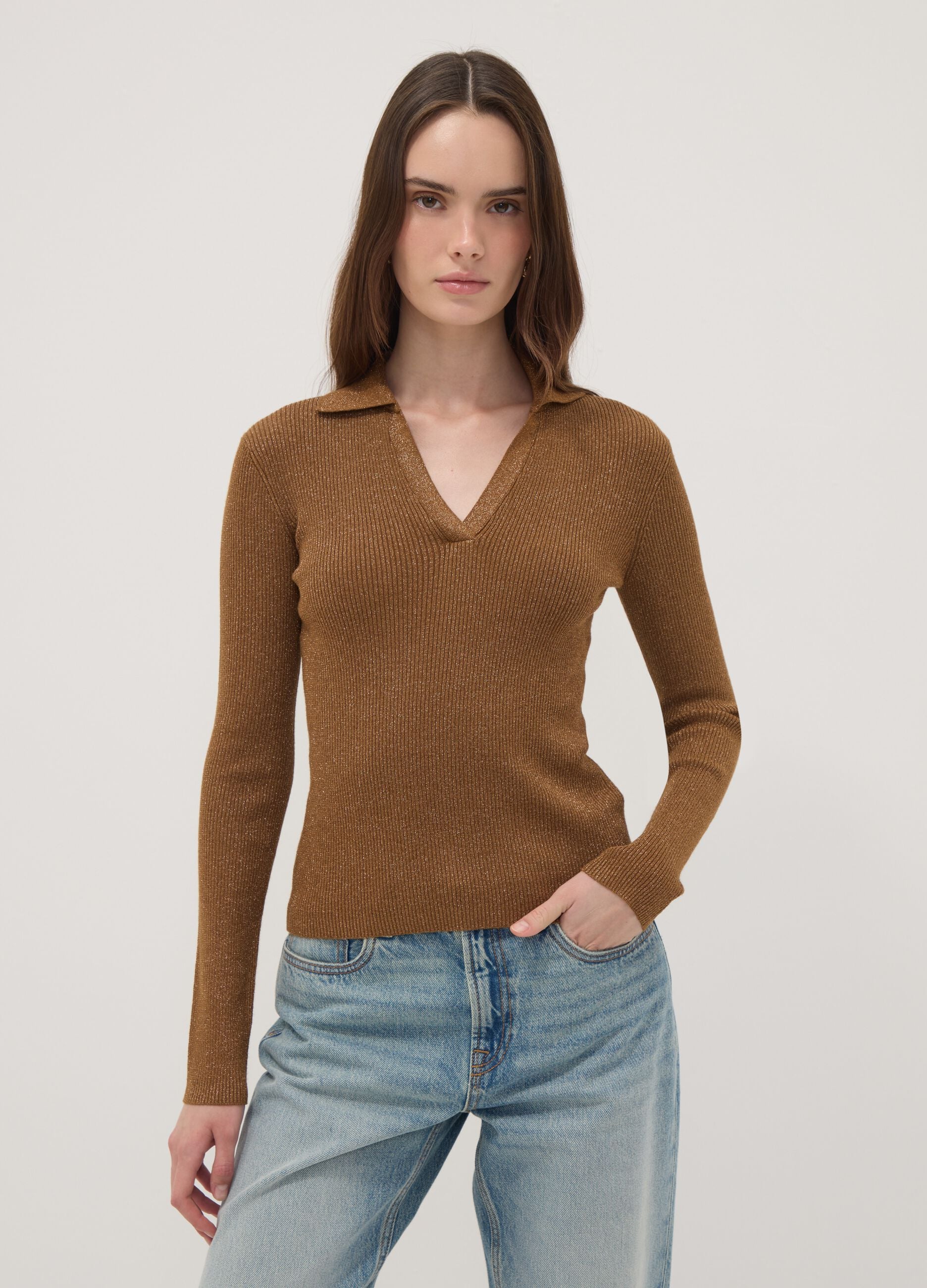 Brown ribbed viscose-blend polo-collar top
