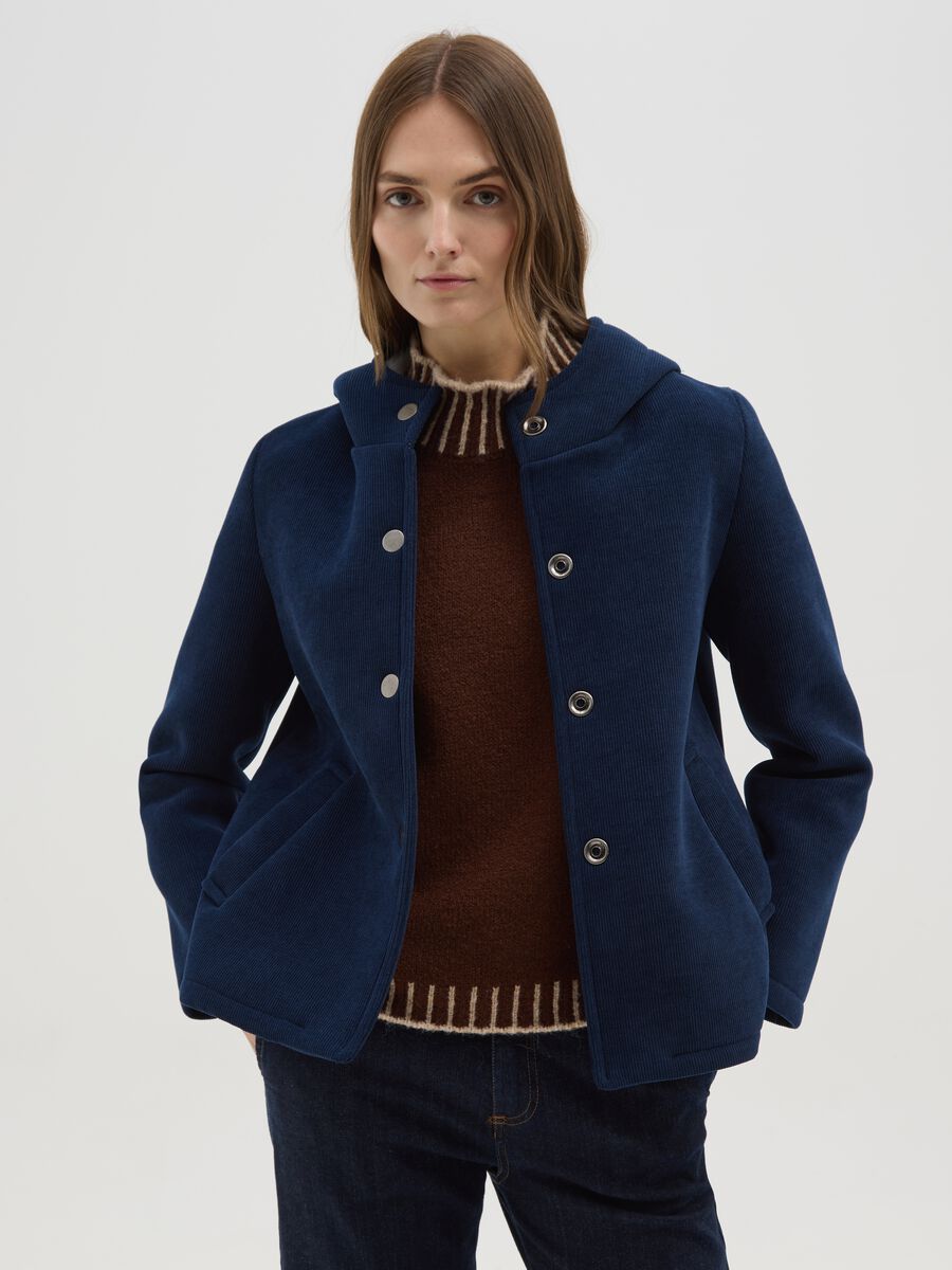 Blue corded fabric jacket with hood_0