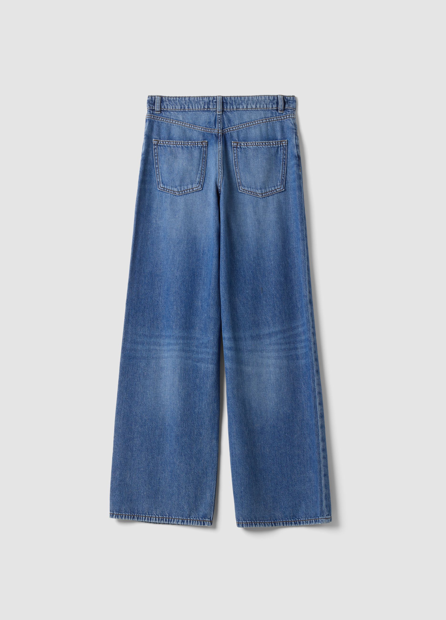 Jeans blu wide leg a vita alta in puro cotone