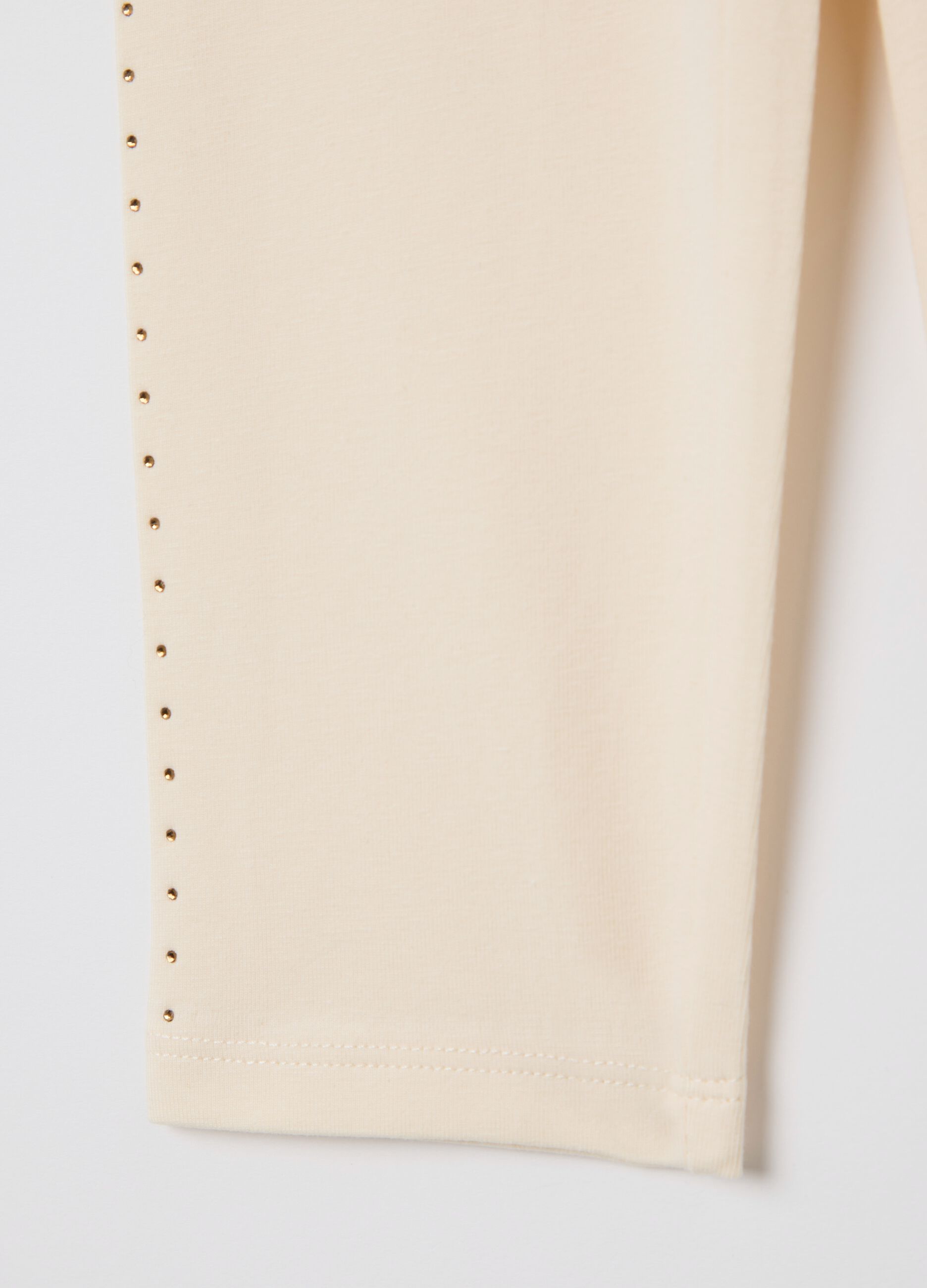 Beige three-quarter leggings in stretch cotton with diamantés
