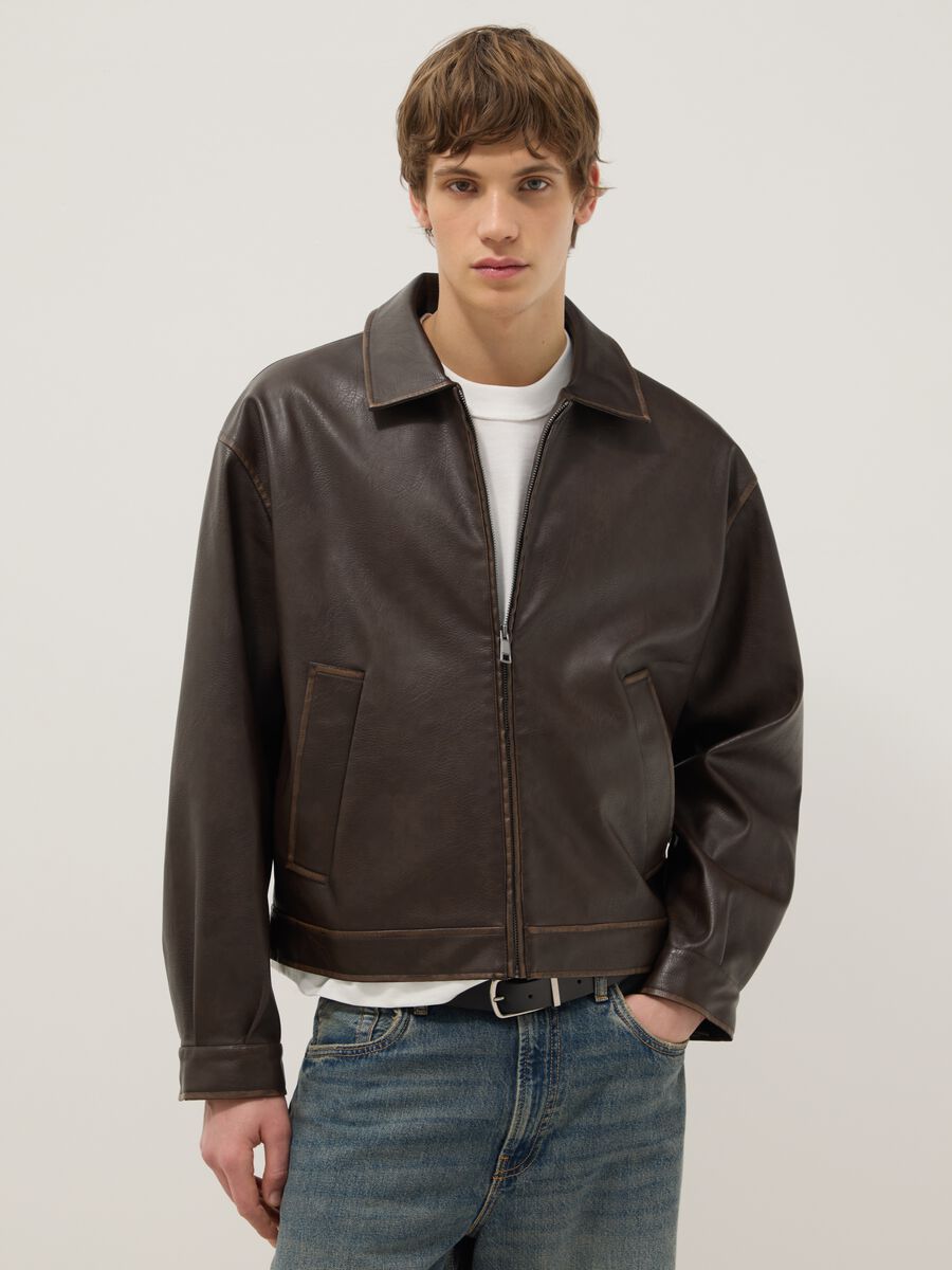 Brown padded oversized jacket with zip_0