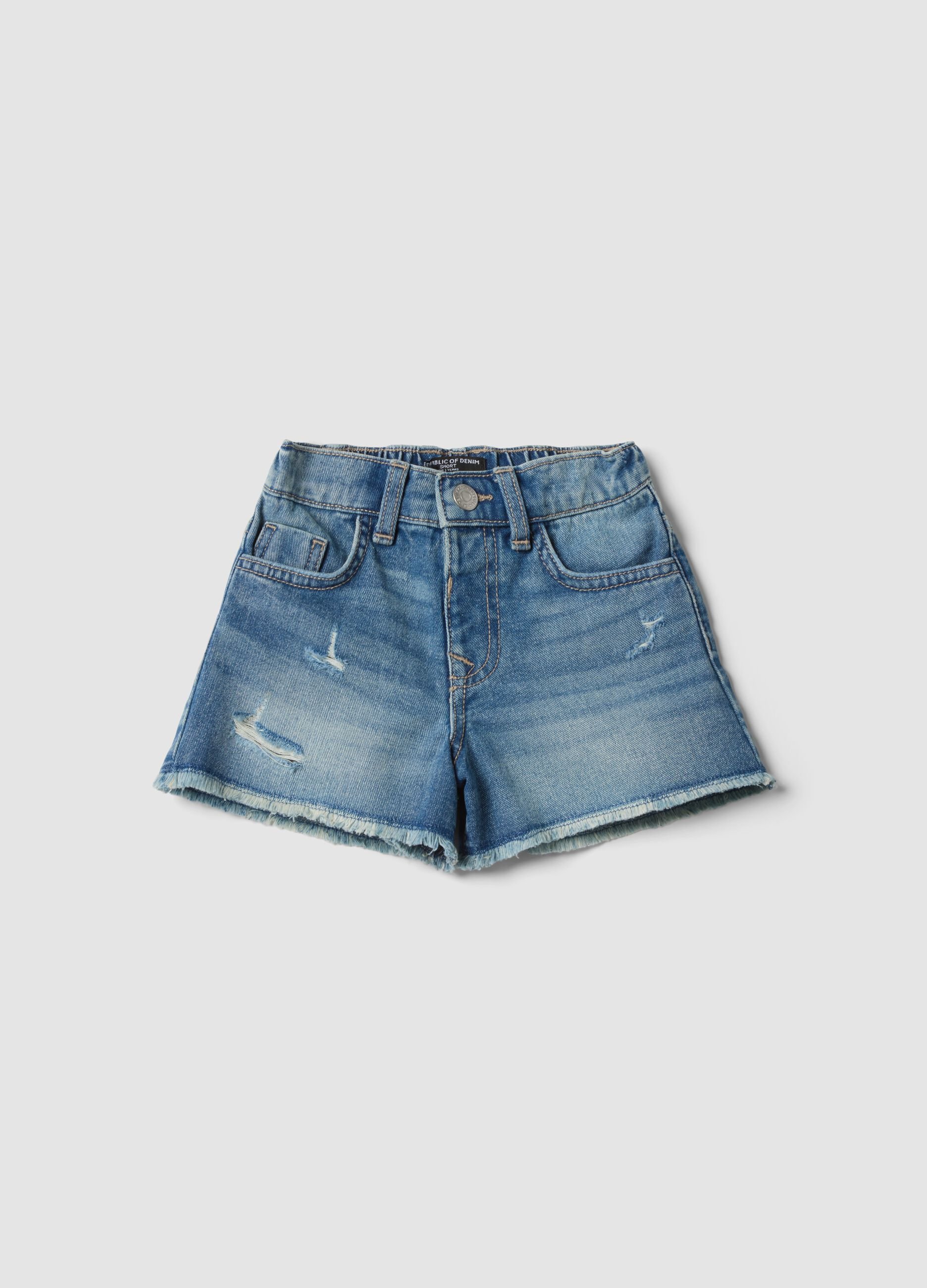 Blue cotton denim shorts for girls, regular fit, distressed details