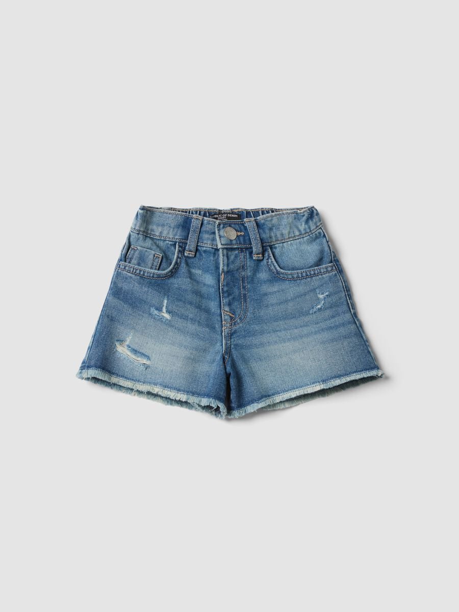 Shorts denim blu in puro cotone da bambina regular fit con strappi_0