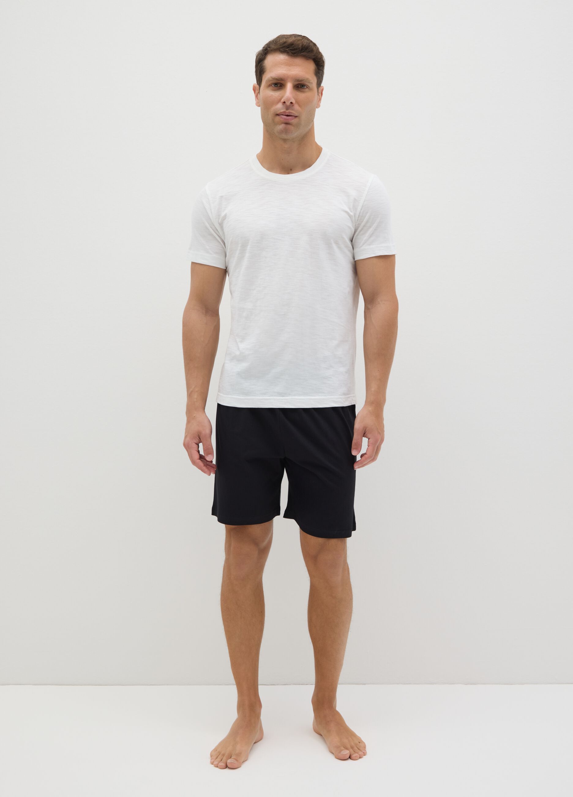 Short pyjamas in white and black slub jersey