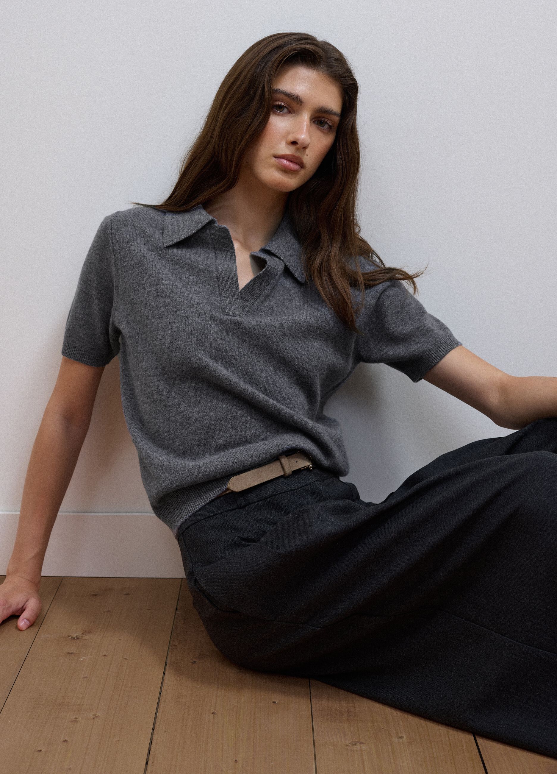 Grey pure wool polo-collar jumper with relaxed fit