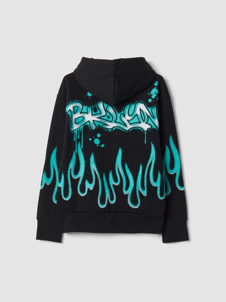 Black cotton-blend hoodie with flame print_1