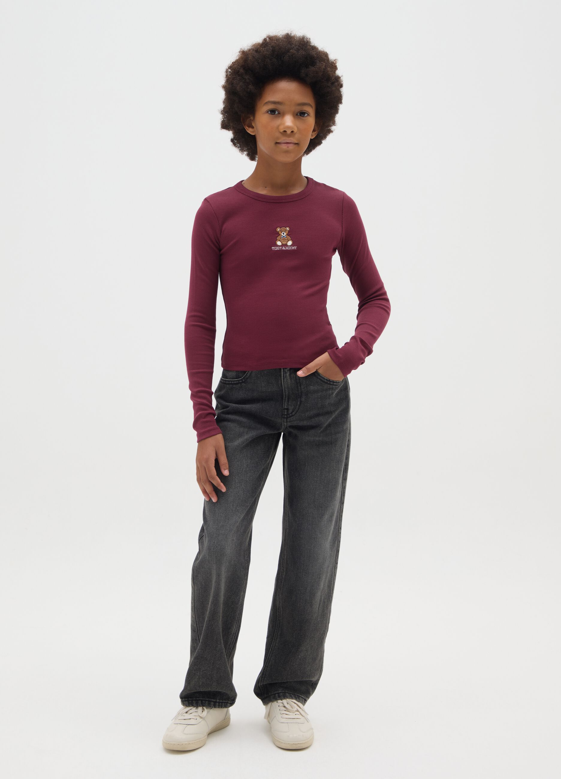 Girls' black cotton blend straight fit jeans