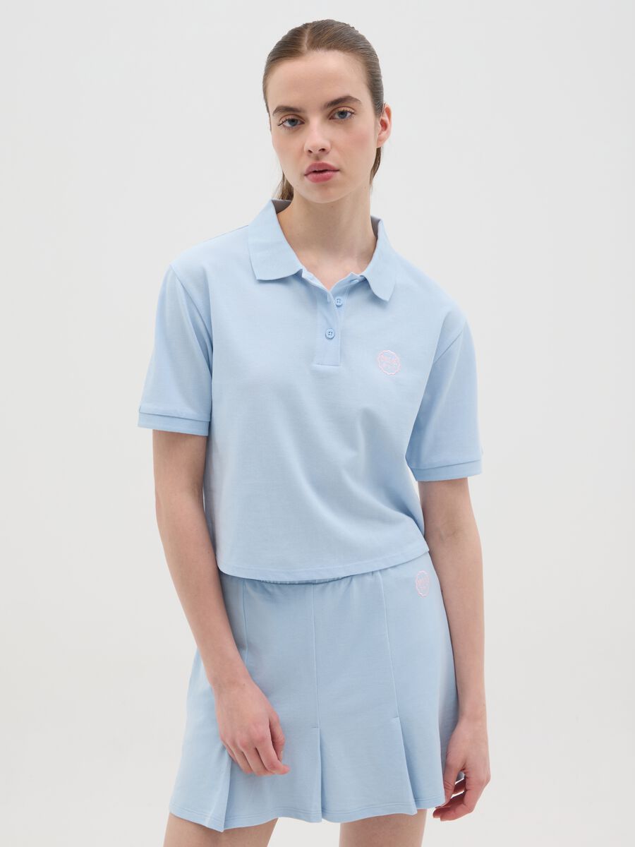 Women's blue pure cotton polo, regular fit with classic collar and embroidered logo_0