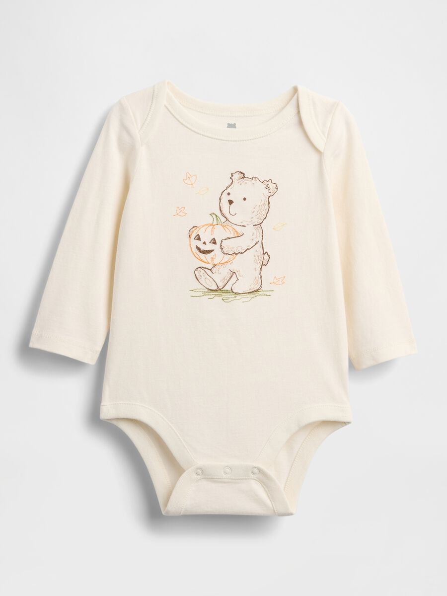 Beige cotton bodysuit with teddy bear print_0