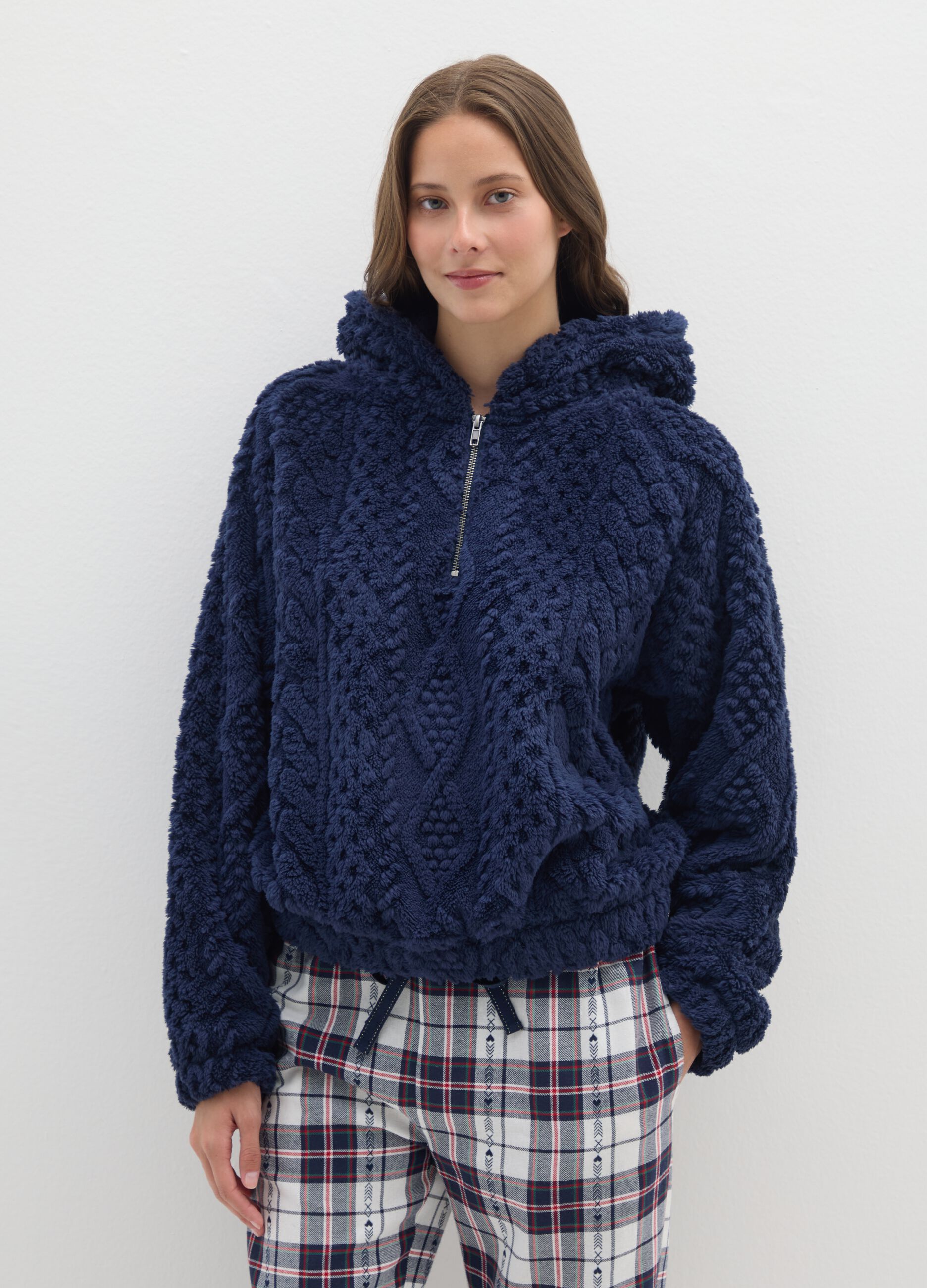 Blue Sherpa Hoodie with Half Zip and Regular Fit