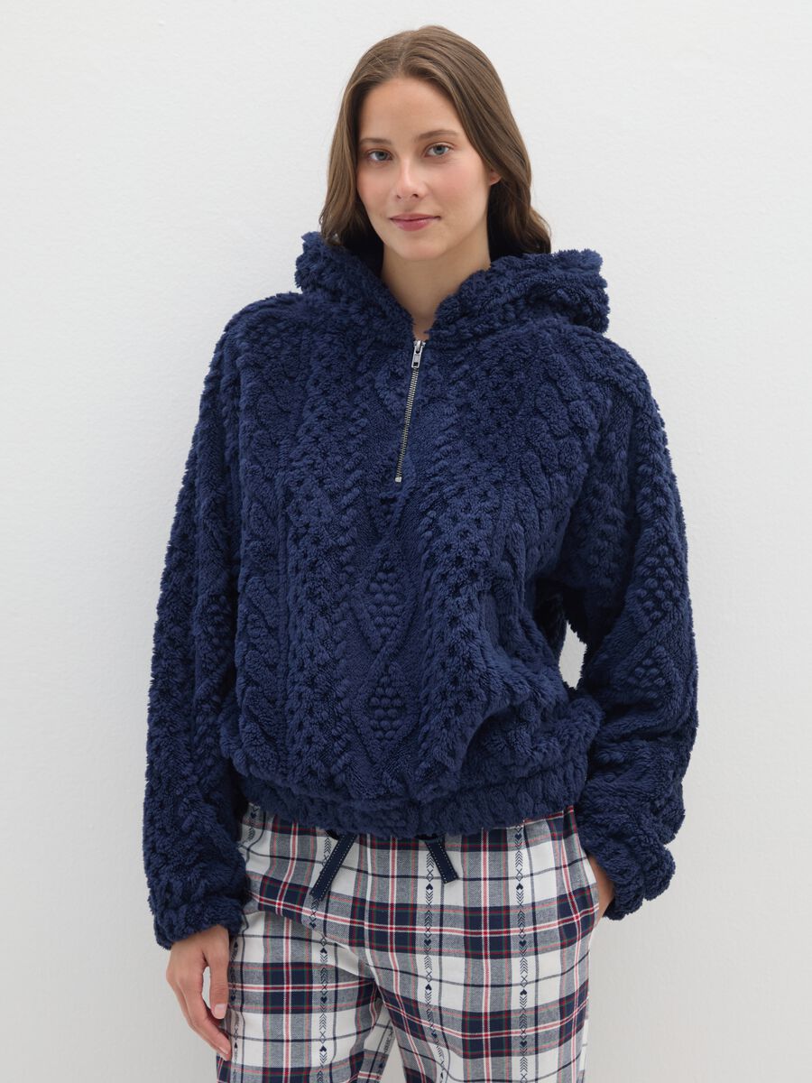 Blue Sherpa Hoodie with Half Zip and Regular Fit_1