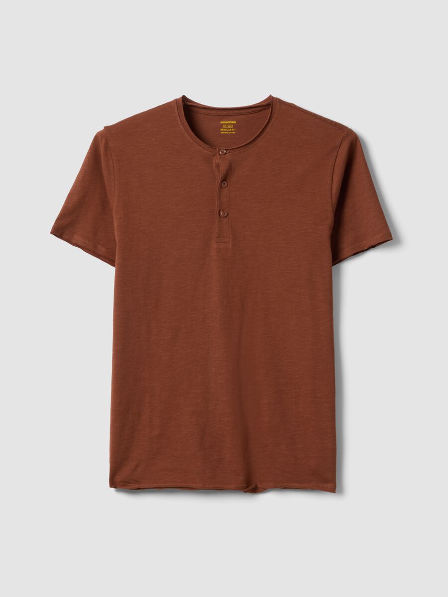 Brown pure cotton regular fit T-shirt with Henley collar_0