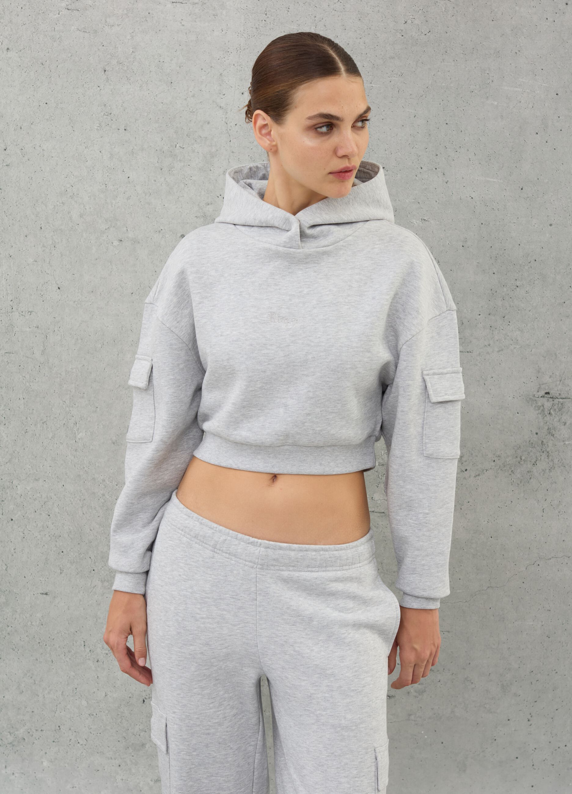 Crop Cargo Hoodie Grey Mélange