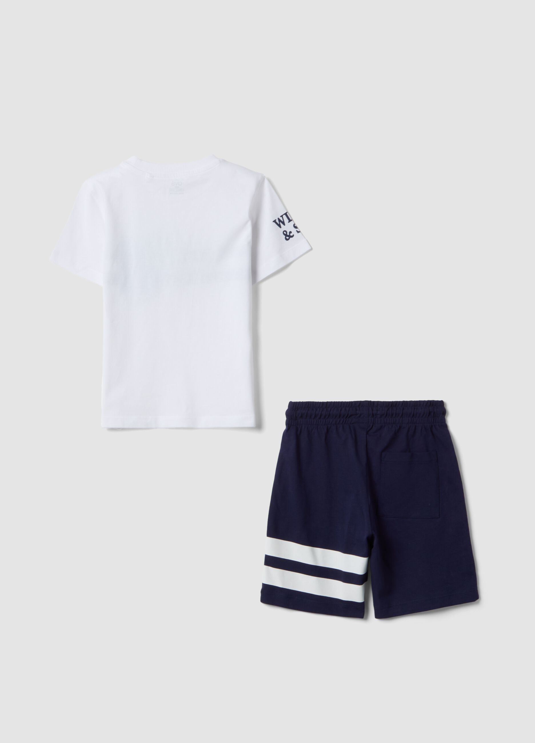White and blue pure cotton set with T-shirt and shorts