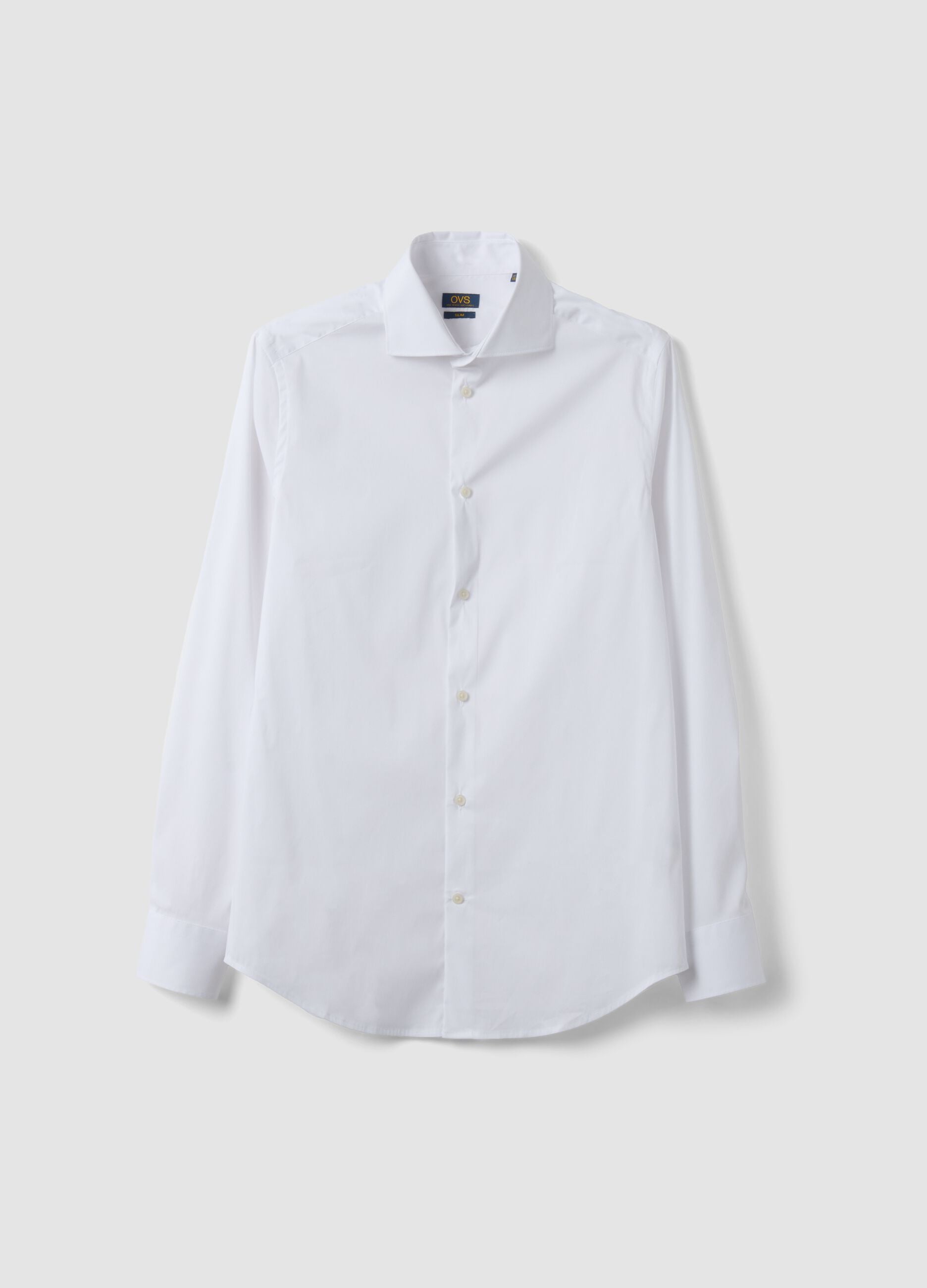 White stretch cotton poplin shirt with French collar, slim fit
