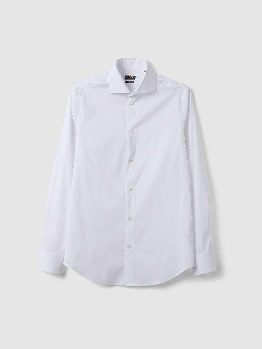 White stretch cotton poplin shirt with French collar, slim fit_4