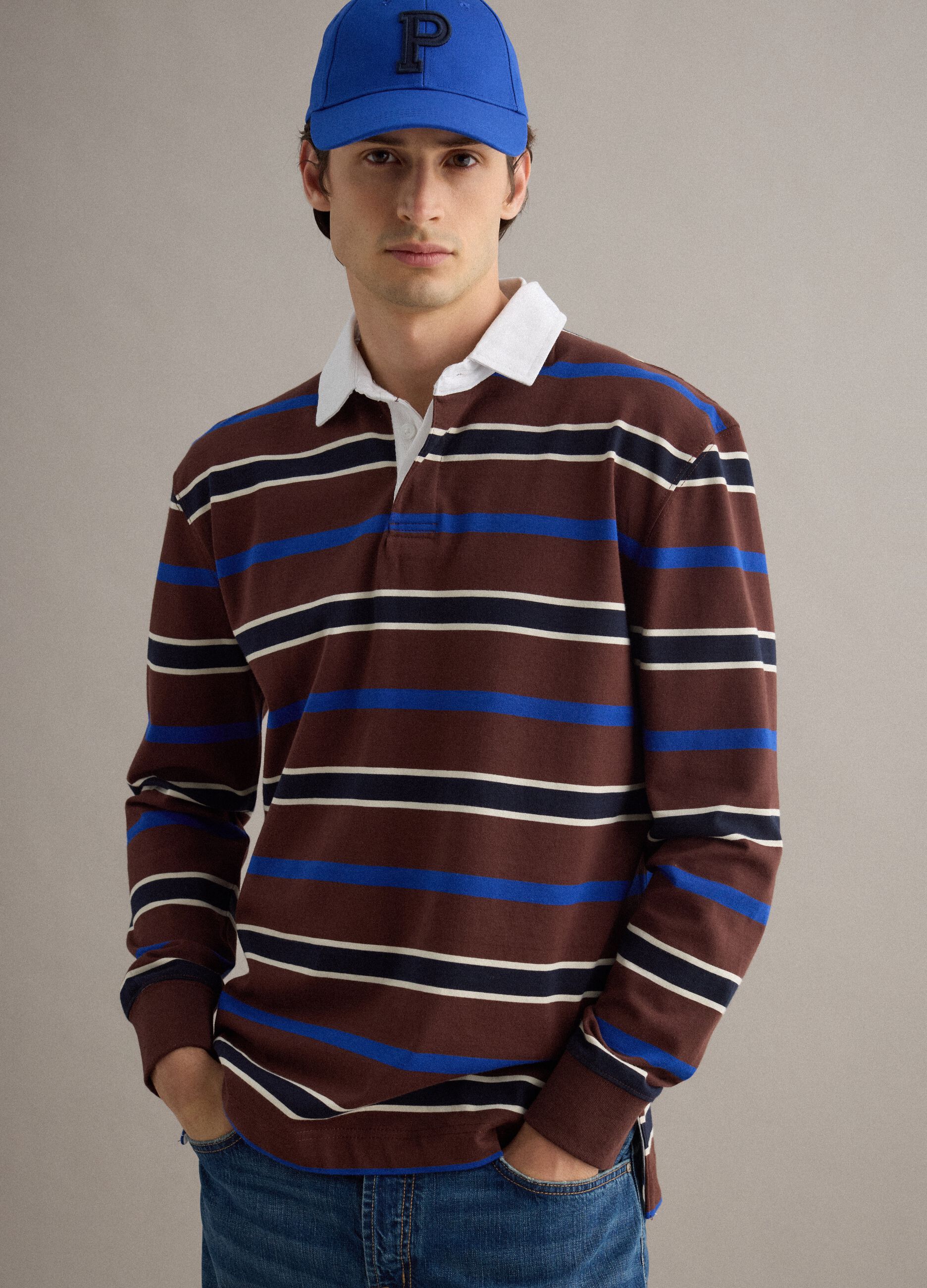 Multicolour striped long-sleeve polo in pure cotton, regular fit