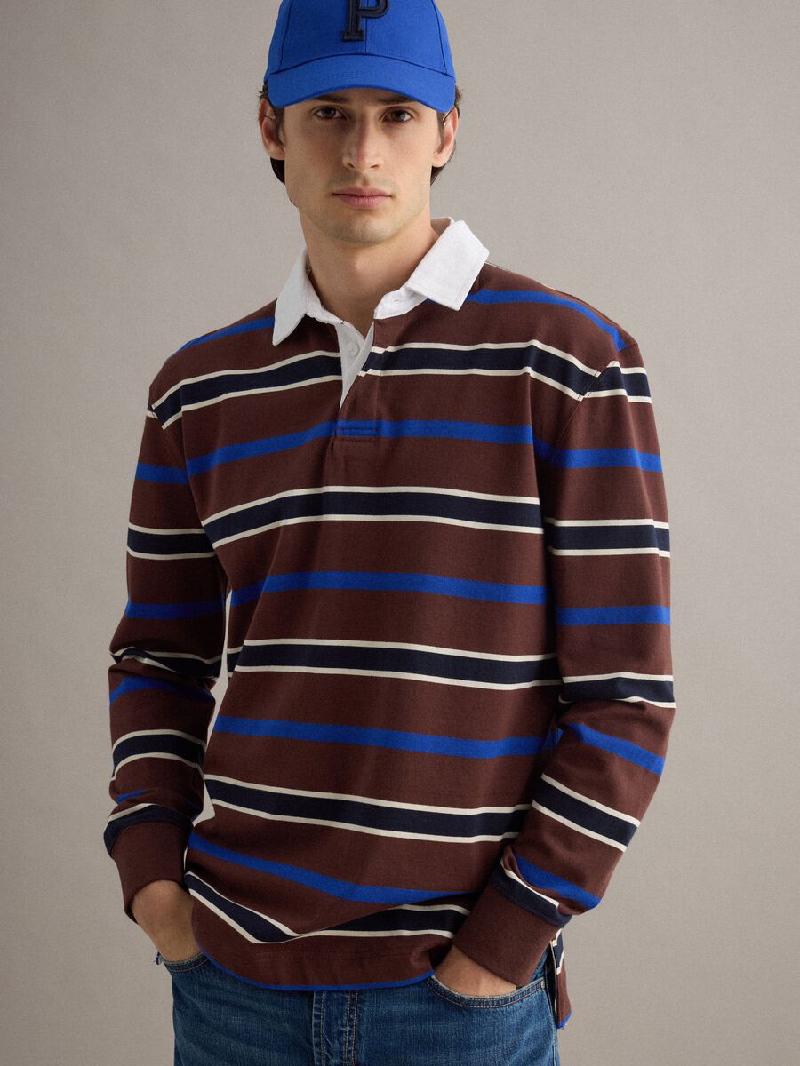 Polo a maniche lunghe in puro cotone a righe multicolor regular fit_0